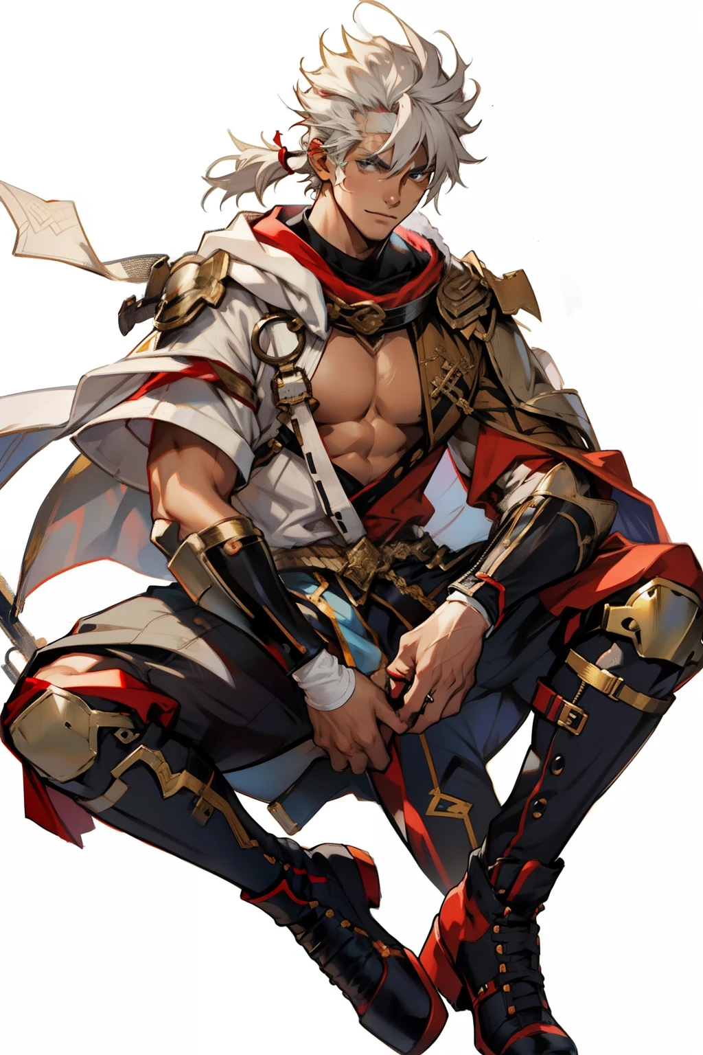 Highest image quality,male people,,1 boy,Young and handsome,shoun,White color hair,Short flat top hair,Dark skin,anime big breast,anime wallpaper,Solo,malefocus,Briefs,Dilation of the pectoral muscles,Red cape,Bulging crotch,Urban background,spread their legs,Sexy,(Masterpiece, Best quality),Long white socks,Red Martin boots,