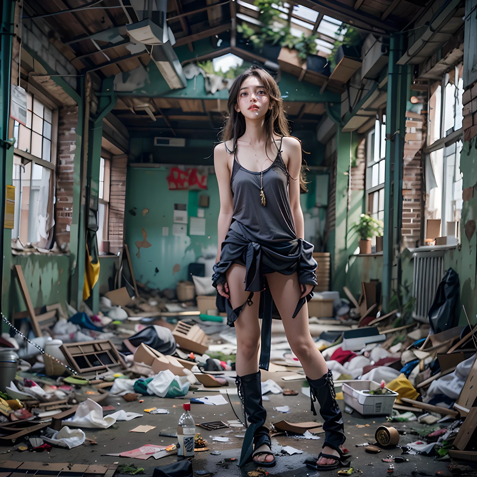 tmasterpiece，abandoned building，Garbage all over the ground，grimy，full-body portraits，Sexy standing pose，Slim legs，very beautiful long slim legs，The barefoot，Naked all over the body，full body exposed，exhibitionists，The body is exposed randomly