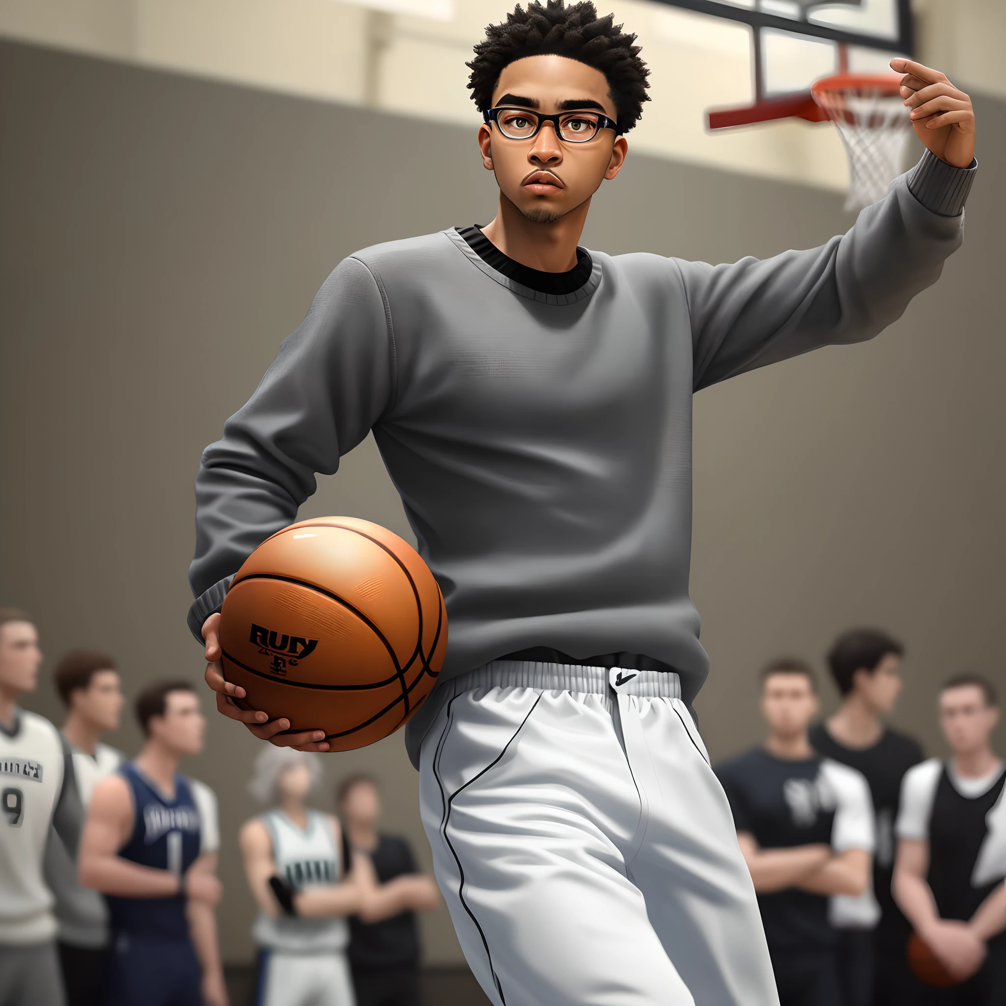 com um rosto quadrado,eye glass,shifty,Gray inches,Black sweater,White suspenders,grey pants,Playing the Basketball,Ruffian