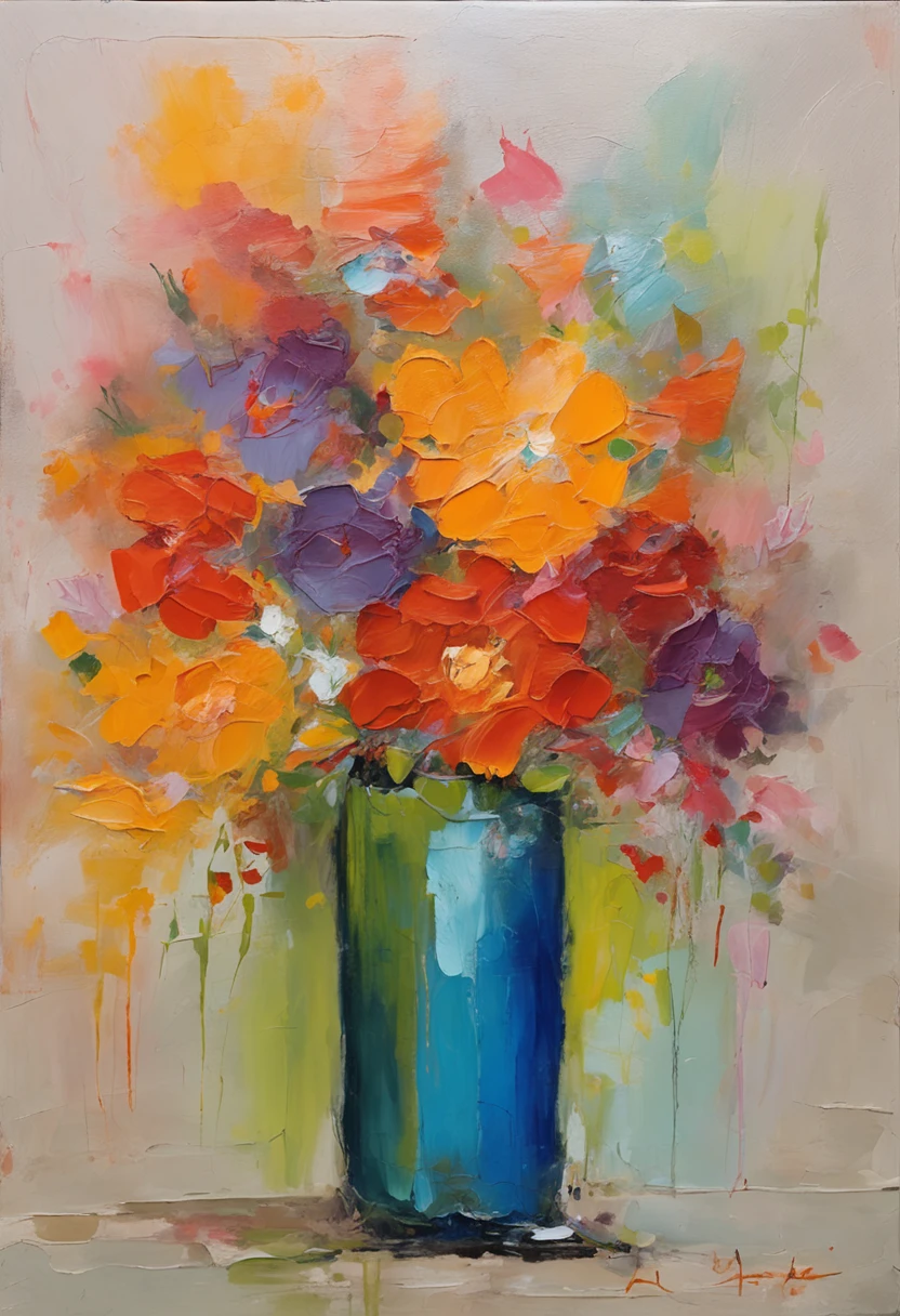 A blue vase filled with colorful flowers, bright and vivid.