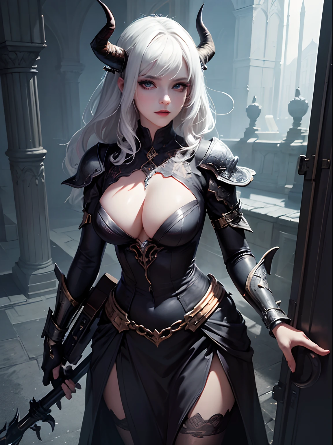 Offical Art, (Masterpiece, Best Quality), (Wallpaper), (8K, Best shadows, Dark Lightning), Fantasy Concept Art, Demon Girl (Beautiful Face with Horn :1.2), Beautiful Face, Beautiful Dress (Extremely Detailed), White Hair, Look at Viewers, Intimidating Smile, Full Body, Stand