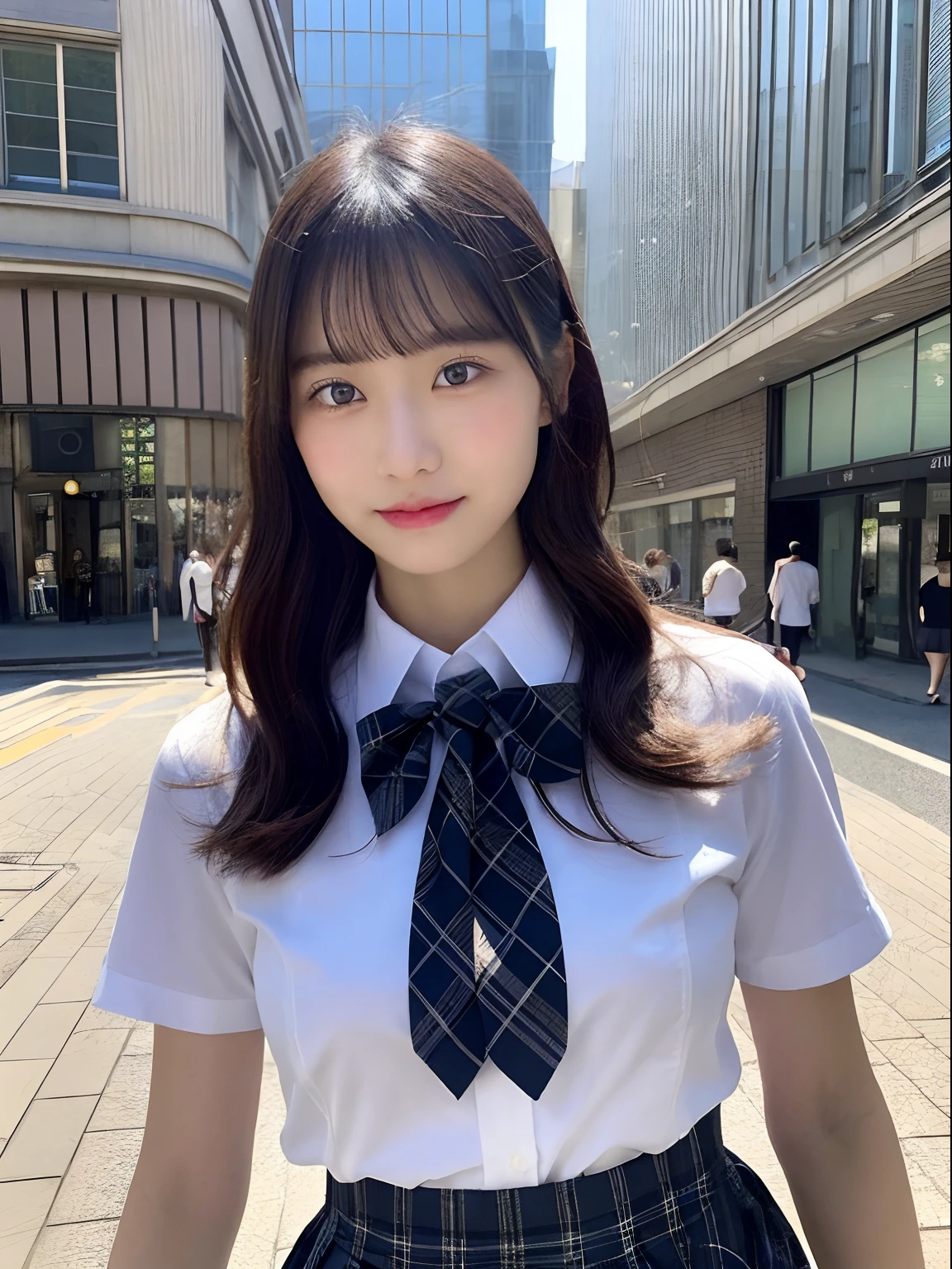 ((top-quality、8K、masterpiece:1.3))、foco nítido:1.2、Beautiful schoolgirl in perfect style:1.4、A slender、((A dark-haired、tits out:1.2))、gravure model、(natural soft light、street snap、TOKYOcty、Harajuku:1.1)、Highly detailed facial and skin texture、A detailed eye、二重まぶた、Sweaty、A sexy、((Uniform 1.5))、jk suit plaid skirt pleated skirt shirt bowtie