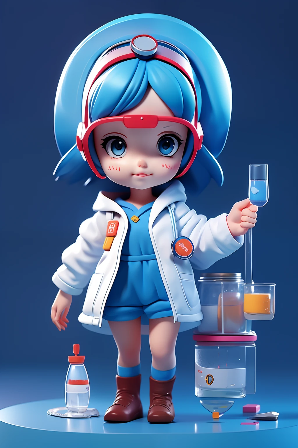 A girl, doing experiments at the test table, wearing a long white coat, wearing goggles, laboratory scene, blue tones, cartoon style, POPMart toys