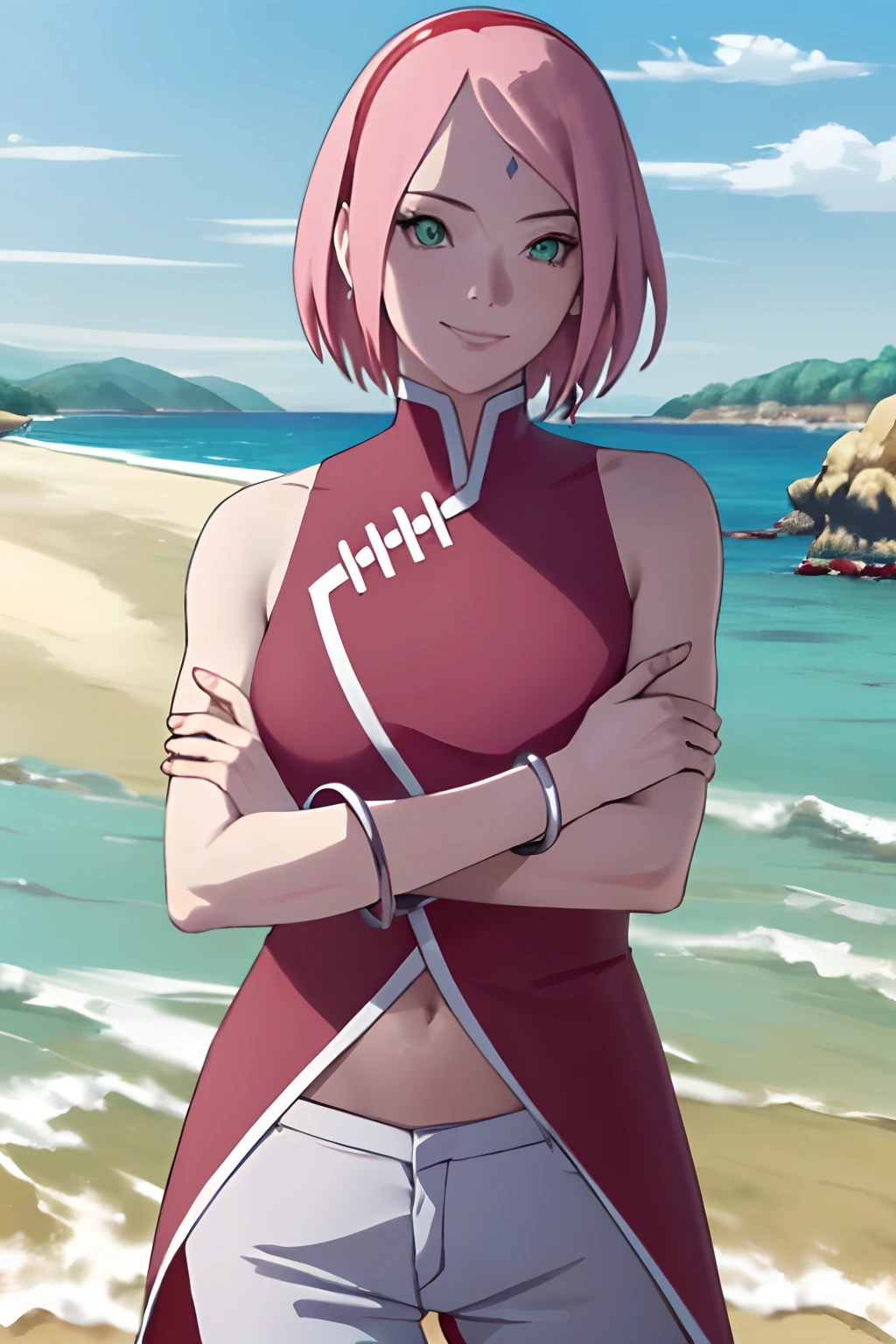 masterpiece, 1k, portrait, face shot, professional artwork, detailed beach background, intricate details, colorful, digital blending, (ultra detailed body, ultra detail hair, ultra detail face), trending on pixiv, kind smile, very hot color, best quality, anime style: 1.9, 1girl, hires, haruno sakura, contrasty lighting, (forehead mark, milf, red hairband, pale skin, short hair, ((red sleeveless dress), white pants), navel, groin, bracelet, looking at viewer, crossed arms, pink hair, green eyes, smile, beach, wind, floating hair, detailed arms, off-shoulders, slightly muscular arms, standing), sunnyday