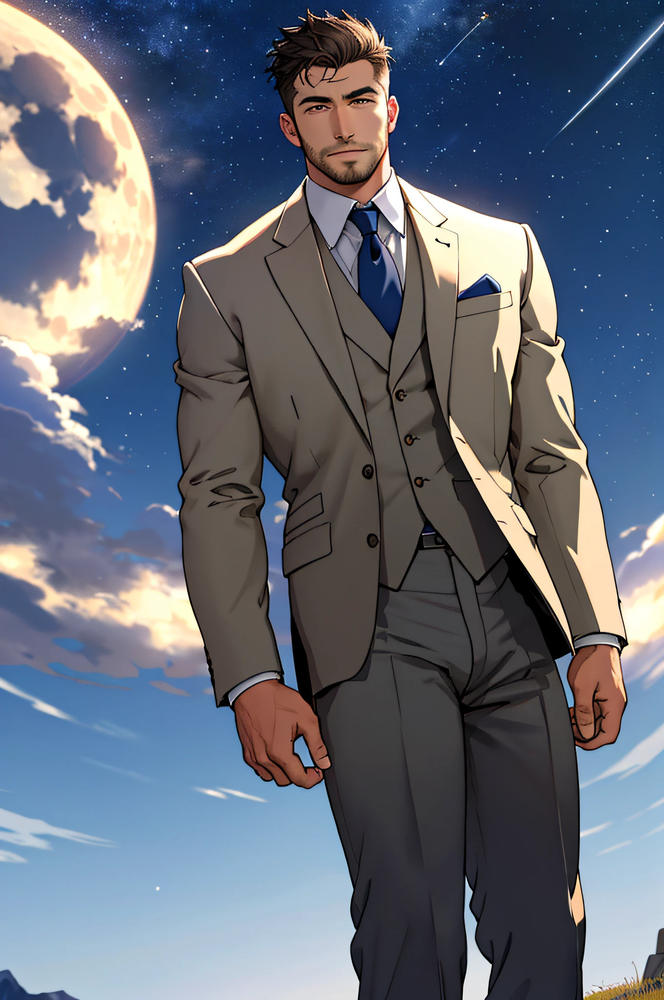 Draw a full-fledged footballer，Standing on the steppe at night，Quiet and comfortable background，He wears the same suit as the country's president，The suit fits perfectly，Handsome face，eyes with brightness，The man looks confident and determined，looking-down，Crew cut，full bodyesbian，Stars dot the sky，shooting from below，Big moon highlights background