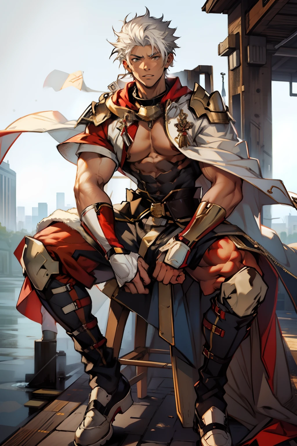 Highest image quality,male people,,1 boy,Young and handsome,shoun,White color hair,Short flat top hair,Dark skin,anime big breast,anime wallpaper,Solo,malefocus,Briefs,Dilation of the pectoral muscles,Red cape,Bulging crotch,Urban background,spread their legs,Sexy,(Masterpiece, Best quality),Long white socks,Red Martin boots,