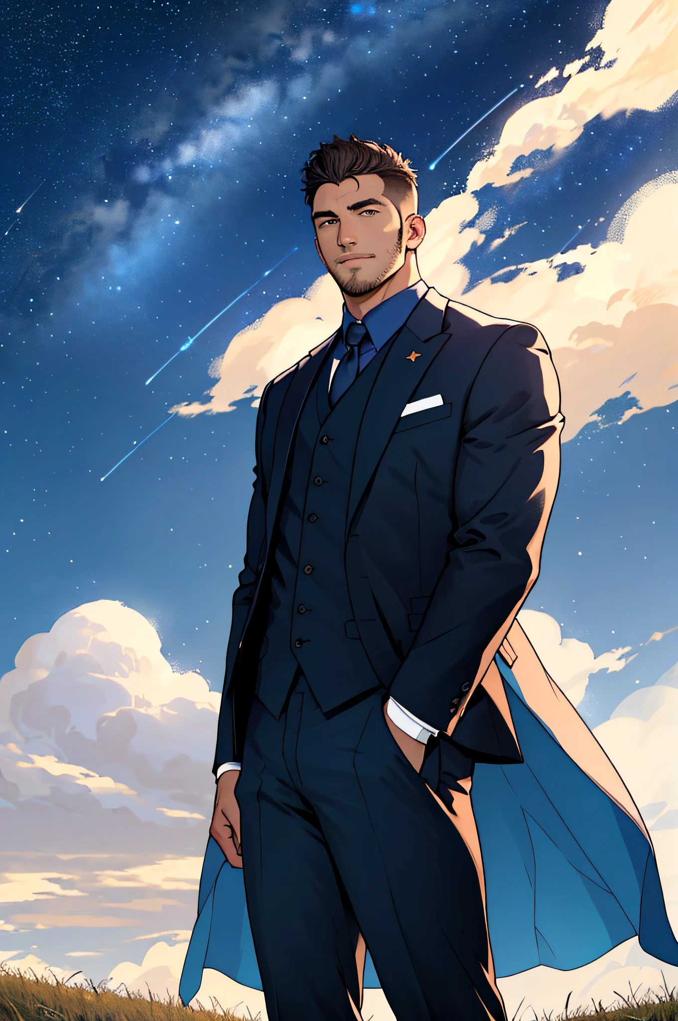 Draw a full-fledged footballer，Standing on the steppe at night，Quiet and comfortable background，He wears the same suit as the country's president，The suit fits perfectly，Handsome face，eyes with brightness，The man looks confident and determined，looking-down，Crew cut，full bodyesbian，Stars dot the sky，shooting from below，Big moon highlights background