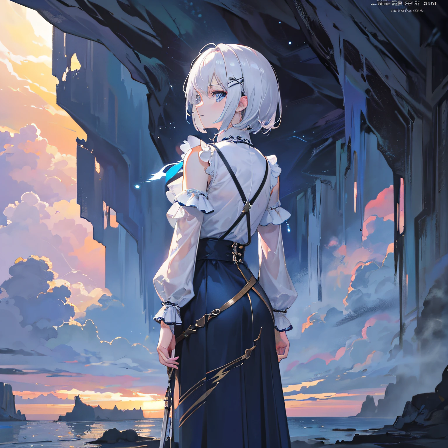 highly detailed back ground,8K , Masterpiece,ultrasharp,A high resolution,(Masterpiece:1.3),(Best quality),(Ultra-detailed),8K, yes,Semi-realistic,4K,RTX,Shaders,brilliant texture work,Big lightning , Nice shaders,1 girl , Platinum hair, Blue eyes, view the viewer , Cute, Hairpin,Short hair, Sunset, Detailed sky, Detailed + Extra lightning+ Shaders, inside a cave , Magnificent view,Far view,Wear ordinary clothes