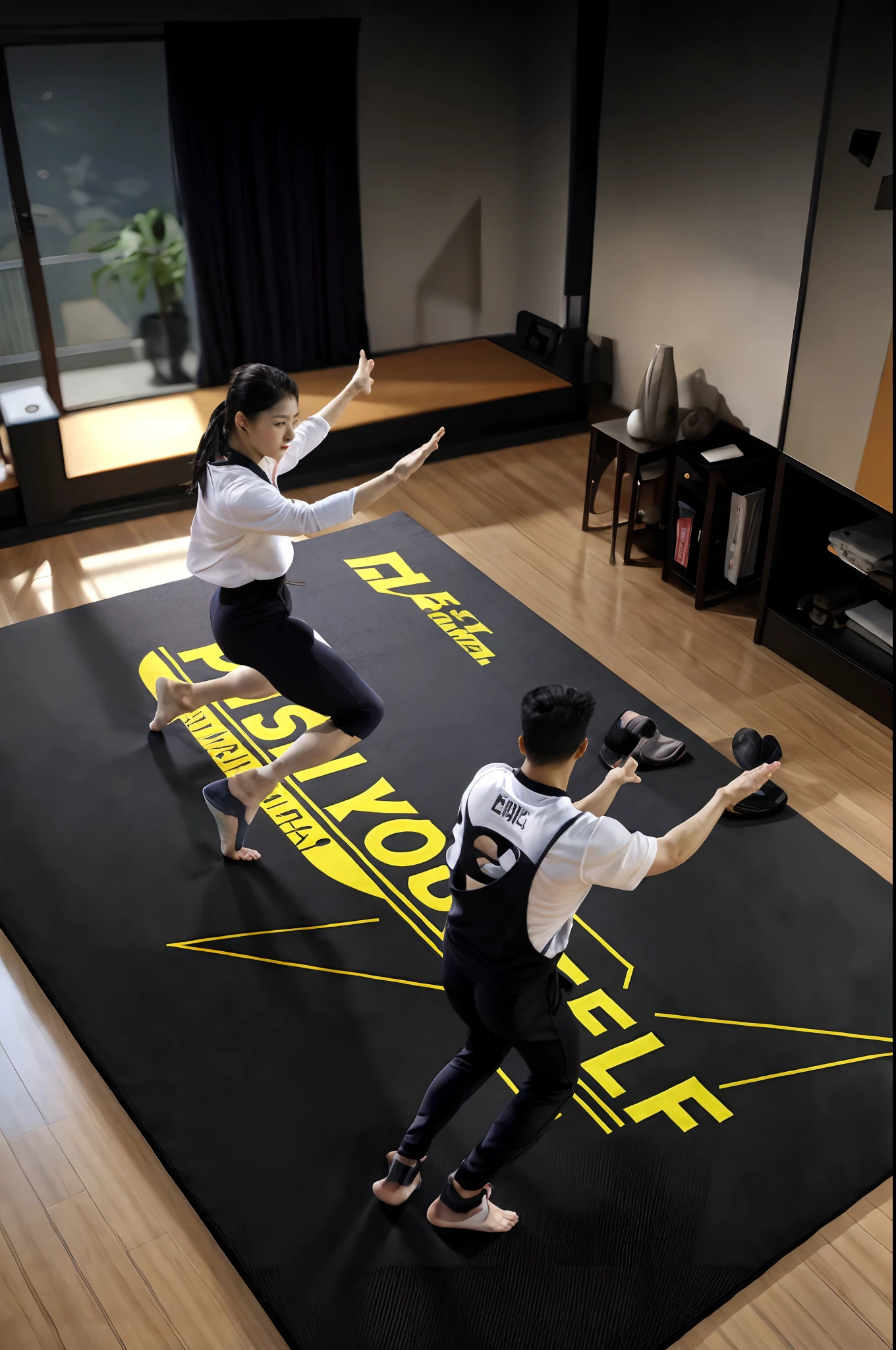 There is a woman and a man doing gymnastics poses on a mat, focus on full - body, ji-min, Celebrity, everything is carpet and 3d, f / 1, Huge scale, Showcase, height of 165cm, pixeled stretching, full body 8k, Home background