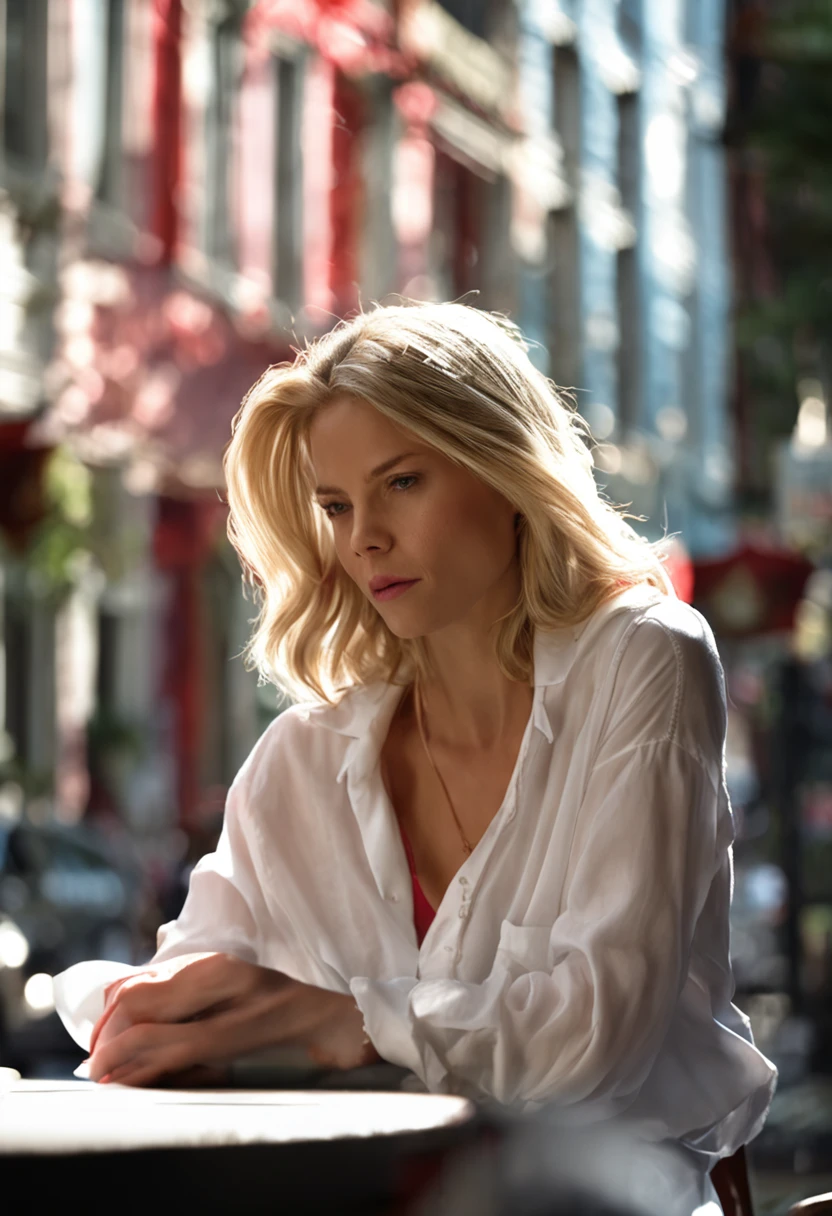 blond woman in a、wearing white t-shirts