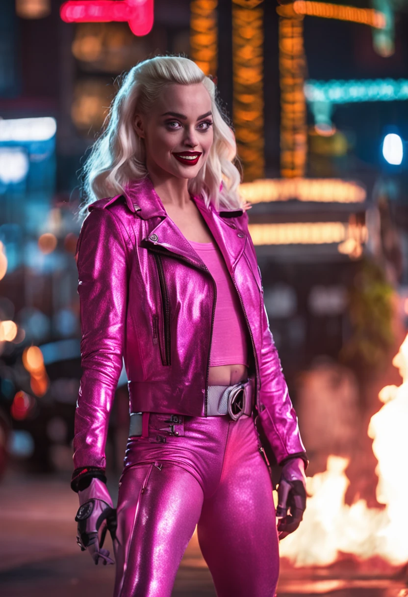 Margot Robbie（tmasterpiece，4K, Ultra photo realsisim，The is very detailed），（White superhero theme，Glamorous，There was a girl at the top of town，Wearing a pink Harley Quinn costume，she is a superhero），[（30 age old），pink skirt（Long blonde hair：1.2），Tan all over，（eBlue eyes：1.2），（（Harley Quinn pose），Show power，jump from one building to another），（（sandy urban environment）：0.8）|（view over city，the night，dynamic lights），（moon full））]