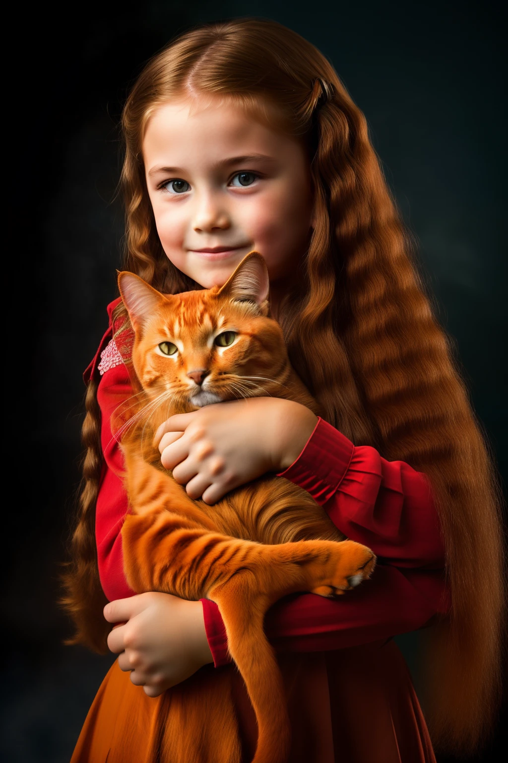 "Studio portrait of a **************** with long, wavy red hair holding an orange cat, showcasing exquisite lighting against a dark backdrop."