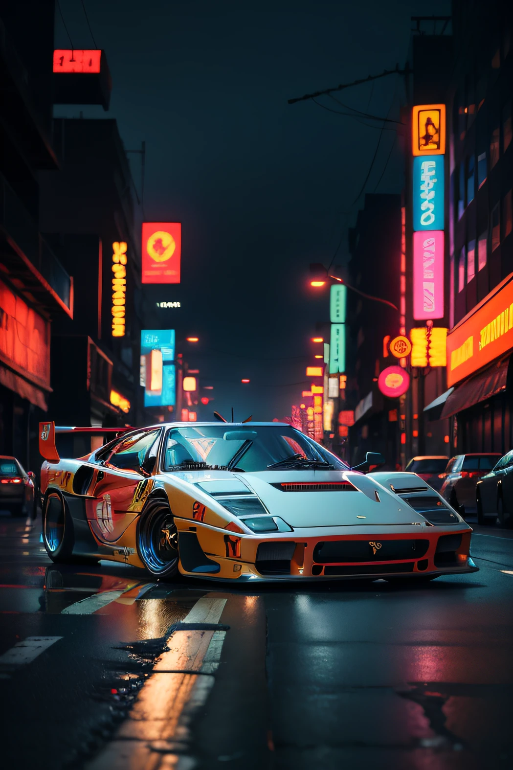 Cyberpunk with a Ferrari F40 for a computer wallpaper