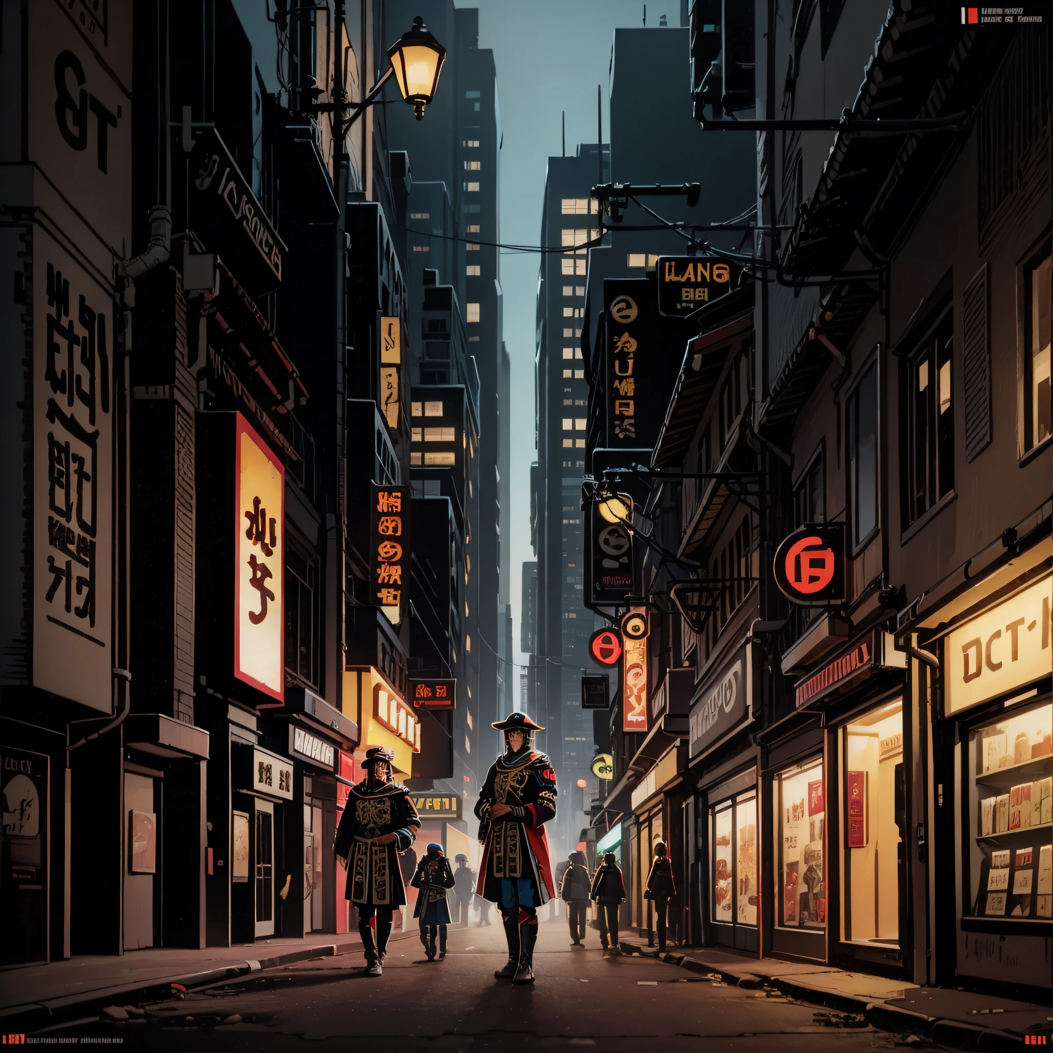 Black Mongolian costume，Ranger，Architecture in the desert，There is unreadable text，Smoking on street corners，cyber punk perssonage，the night，Machinary，High quality details，Retro animation style，Character backs，darkly，Underworld elements
