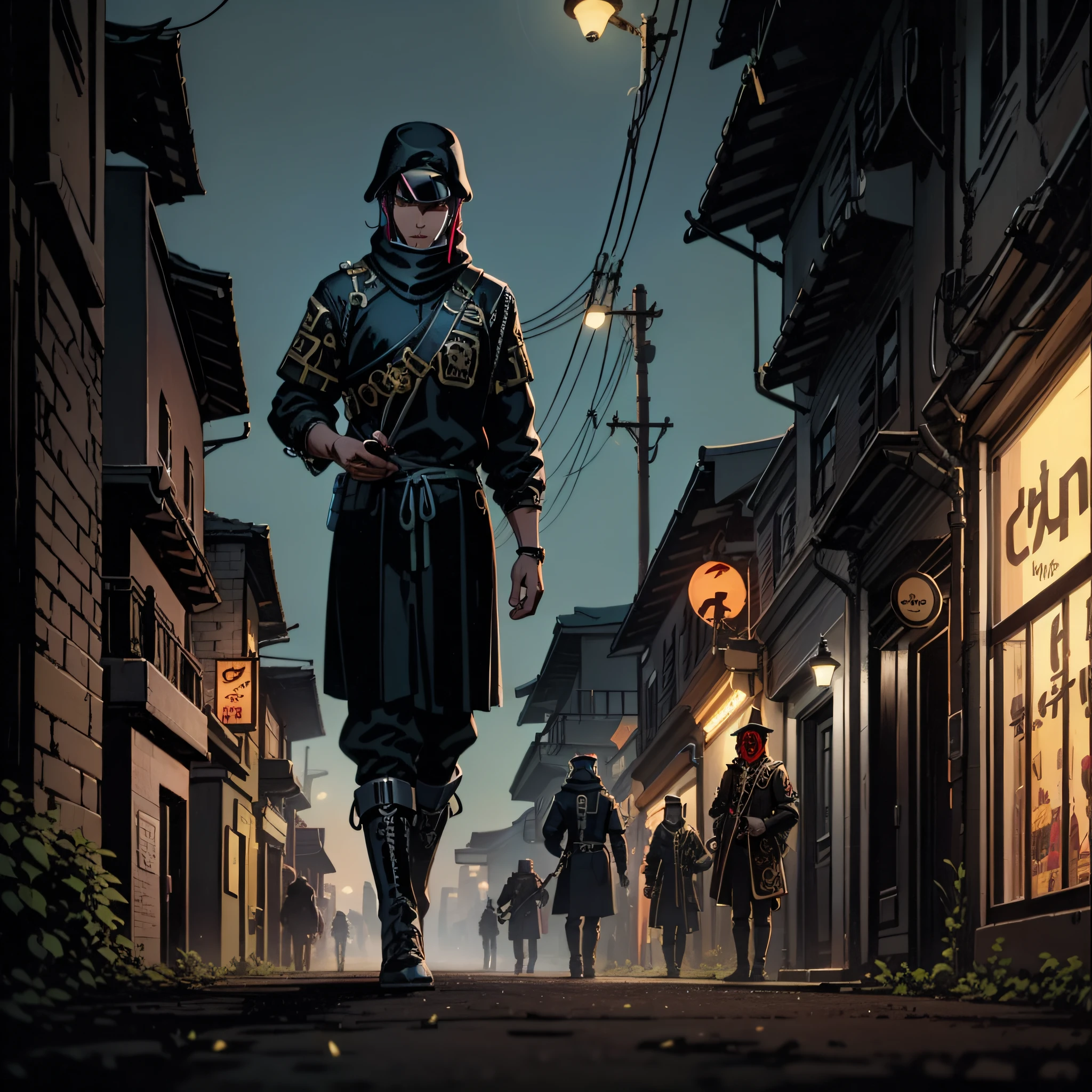 Black Mongolian costume,Ranger,Architecture in the desert,There is unreadable text,Smoking on street corners,cyber punk perssonage,the night,Machinary,High quality details,Retro animation style,Character backs,darkly,Underworld elements