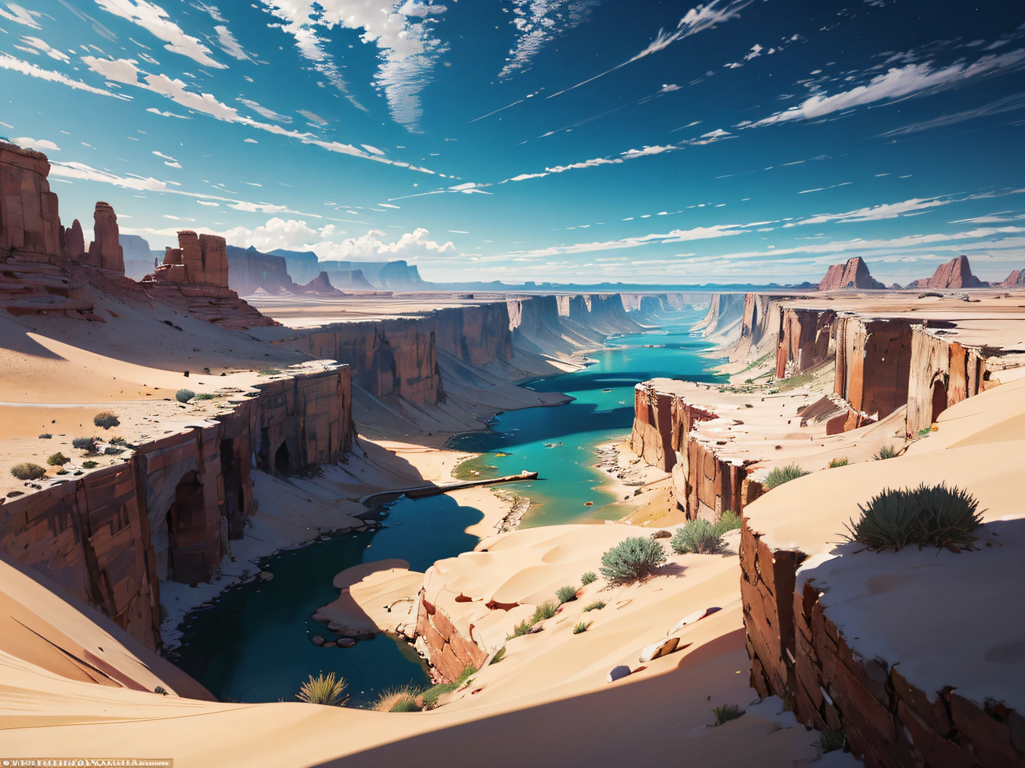 masterpiece, Expansive landscape photograph, (view from below with a view of the sky and the wilderness below), desert, oasis, desert oasis, intricate detail, volume lighting BREAK (masterpiece: 1.2), (highest quality ), 4k, ultra-detailed, (dynamic configuration: 1.4), (iridescent: 1.2), no humans