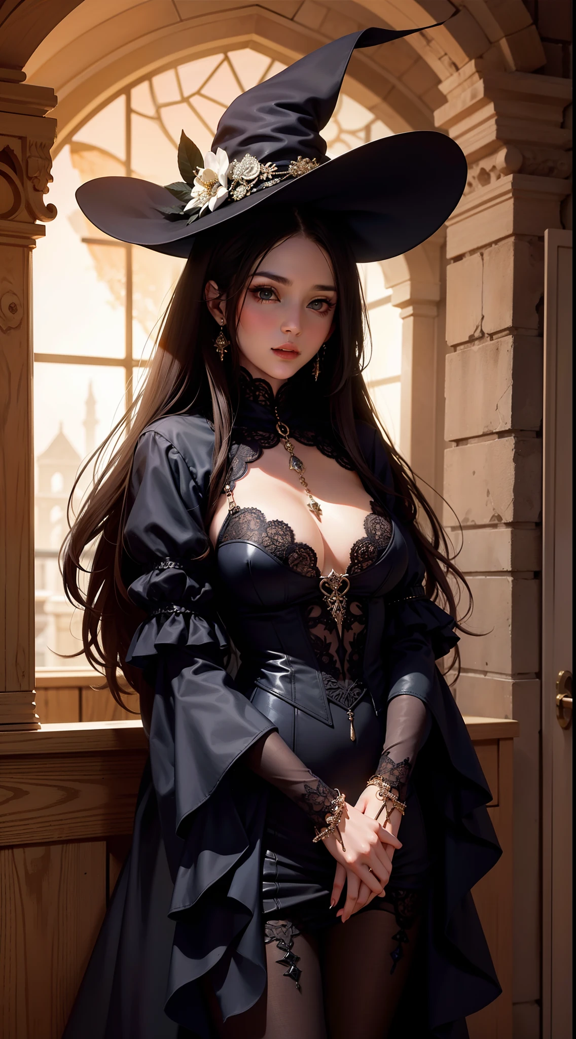 Beautiful woman in intricate Romantic Witchcraft Outfit
