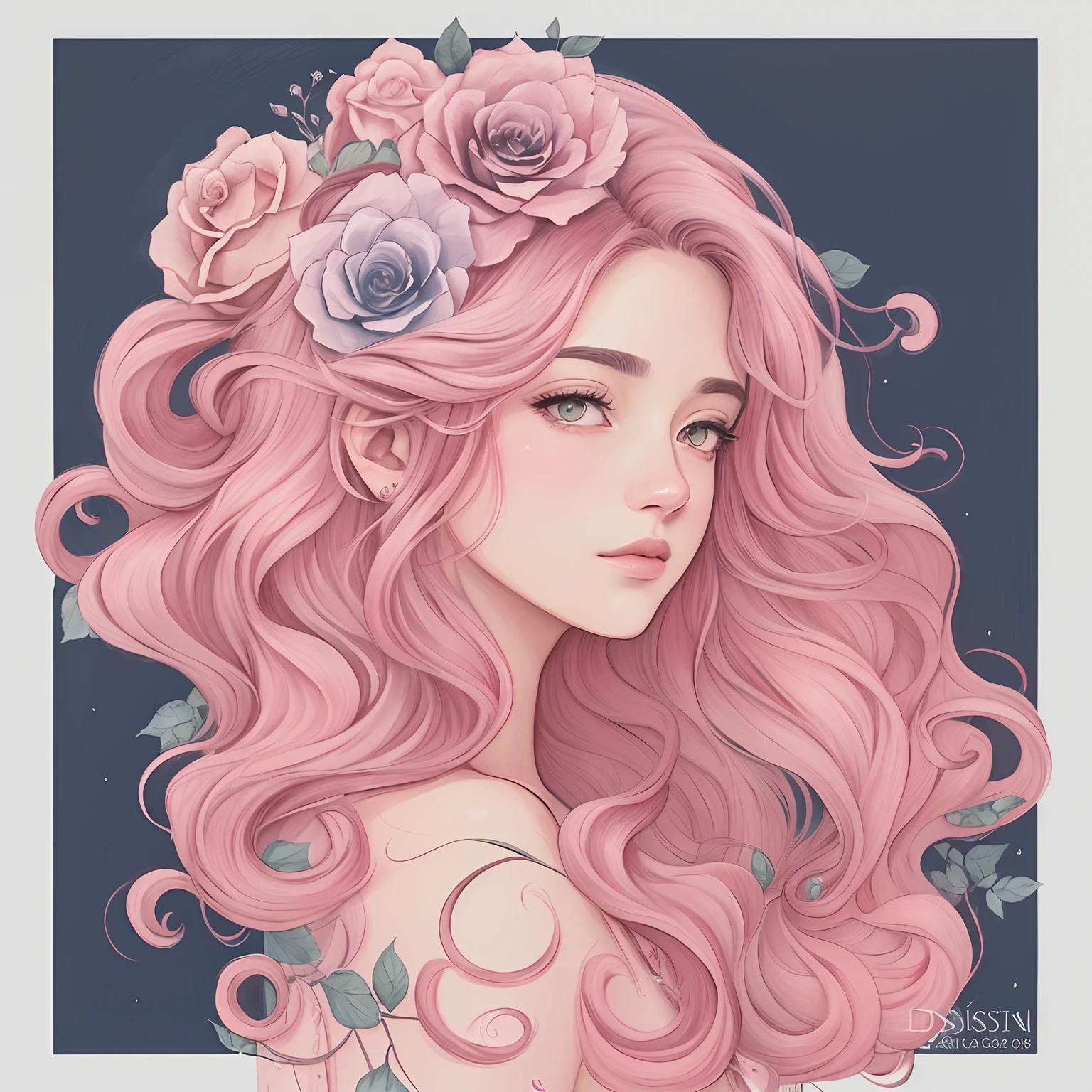 um desenho de uma mulher com cabelo rosa e rosas no cabelo, trending on artstration, Cabelo rosa, No estilo de arte de Bowater, a beautiful artwork illustration, Beautiful digital illustration, Estilo de desenho bonito, rosas no cabelo, cabelo rosa encaracolado, lindo arte digital, Estilo de arte anime bonito, estilo de arte loish, exquisite digital illustration, estilo de arte impressionante