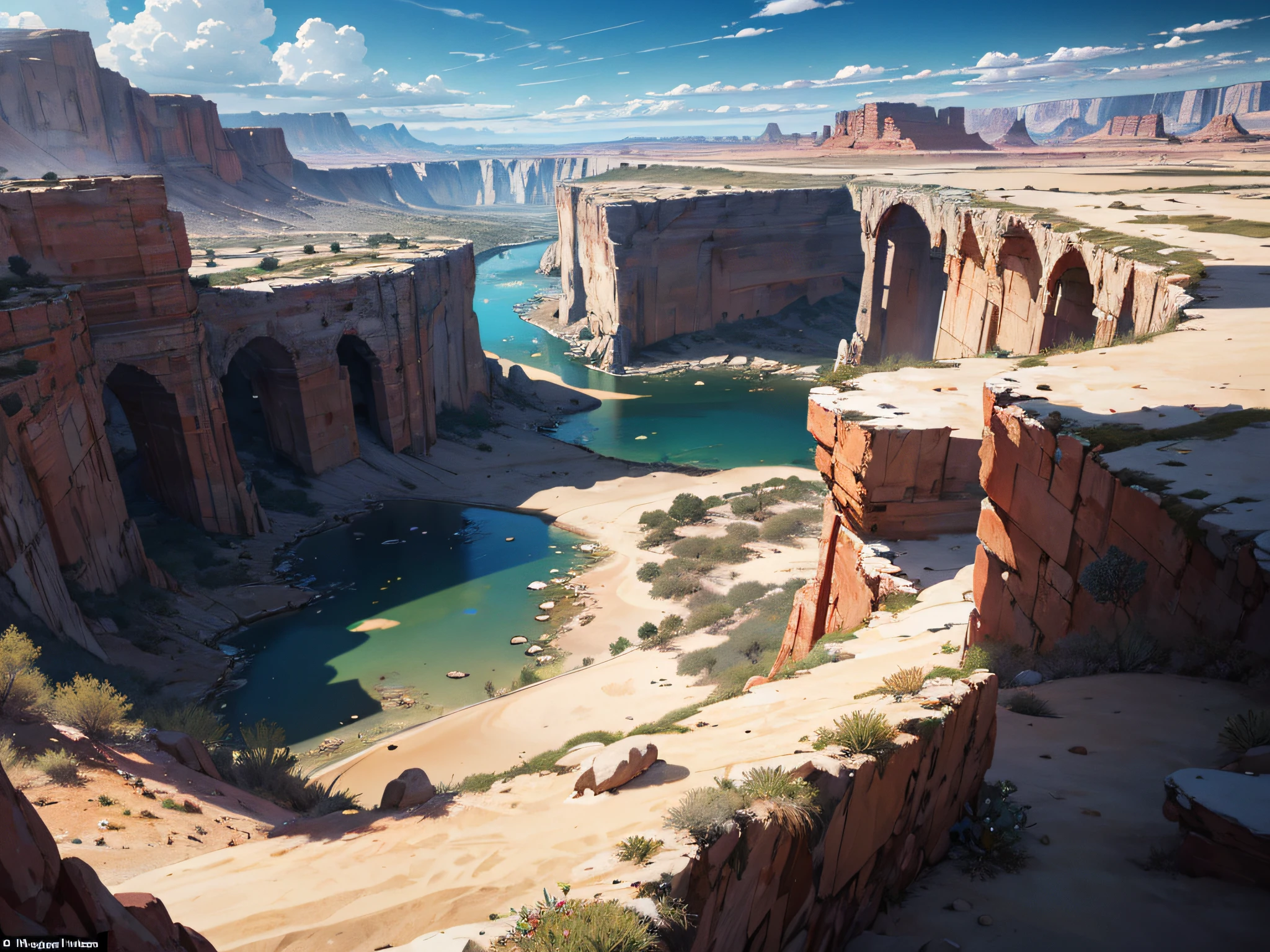 masterpiece, Expansive landscape photograph, (view from below with a view of the sky and the wilderness below), desert, oasis, desert oasis, intricate detail, volume lighting BREAK (masterpiece: 1.2), (highest quality ), 4k, ultra-detailed, (dynamic configuration: 1.4), (iridescent: 1.2), no humans