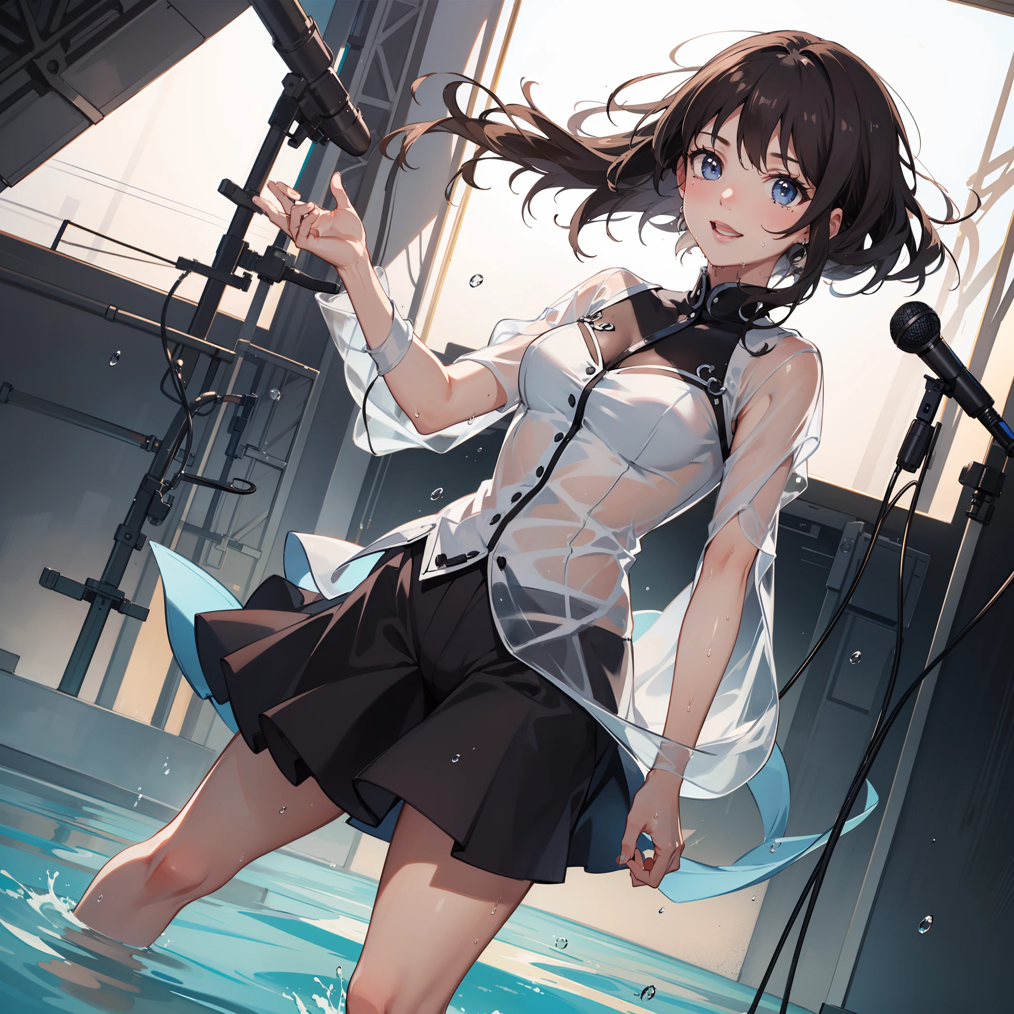 concert,dutch angle shot,low angle,full body shot,medium shot,Wet clothes,Blowing in the wind:1.1,See-through clothes:1.1,wave her hand:1.1,A smile,Idol,Hold the microphone:1.1,Sing a song:1.1,Sweat splashes,swet,4K, (Raw photo: 1.2), (Realism: 1.4), (masutepiece: 1.3), (exquisite detailing: 1.2), Delicate and beautiful details, (Eye Detail), (Facial Detailed), (Highest Quality:1.4),  (very detailed illustration),  Best Quality, Super Resolution,Wide light, natural shadows