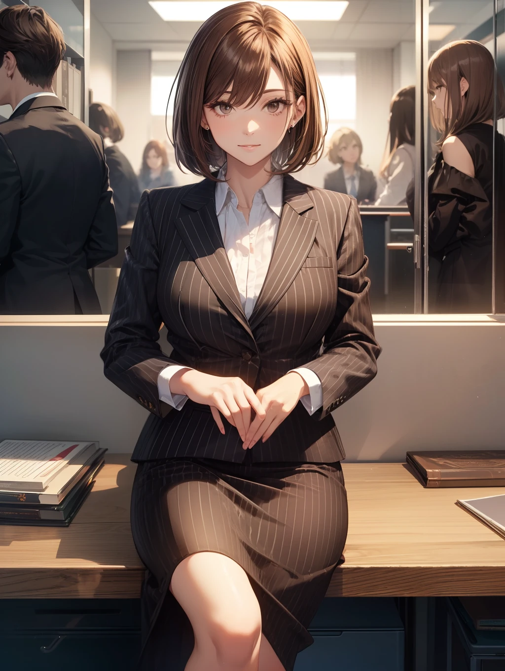 Best Quality, masutepiece, beautiful mature women、Beautiful face、Strong-minded woman、Office Suits、brown haired、Brown-eyed、Bob Hair、40 years、adult lady、Full body like