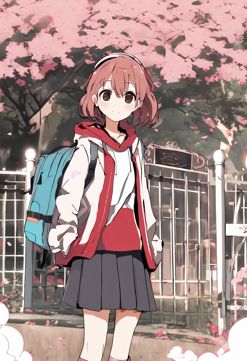 Anime girl with backpack standing in front of a fence with cherry ...