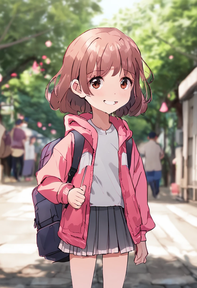 ６A cute girl with a smile about her age、Short-cut hair、Girl is wearing a red jacket、Girl is wearing a pink skirt、Semi-long skirt、Girl wears a white t-shirt with a round neck under a jacket、Carrying a black backpack、Kyoto animation style、児童書、illstration、Only one girl、Girl background is white