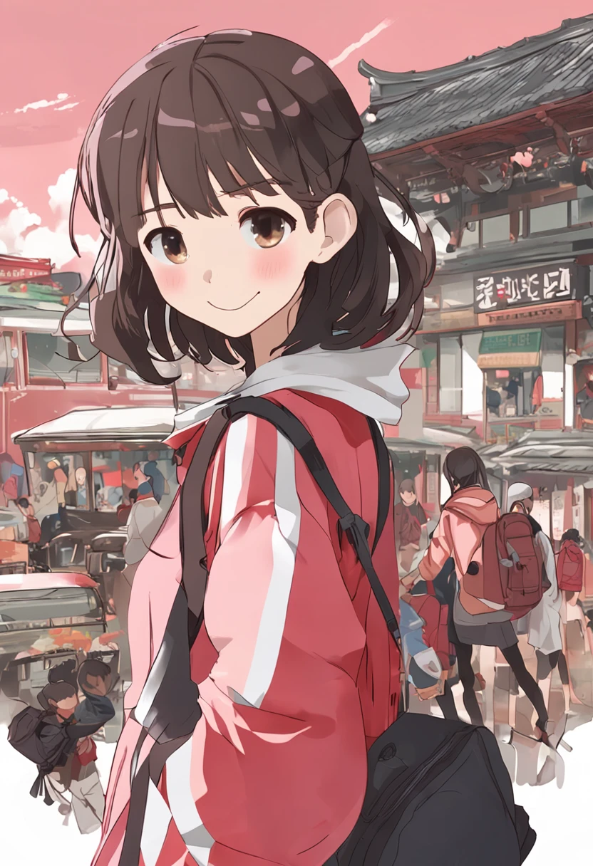 ６A cute girl with a smile about her age、Short-cut hair、Girl is wearing a red jacket、Girl is wearing a pink skirt、Semi-long skirt、Girl wears a white t-shirt with a round neck under a jacket、Carrying a black backpack、Kyoto animation style、児童書、illstration、Only one girl、Girl background is white