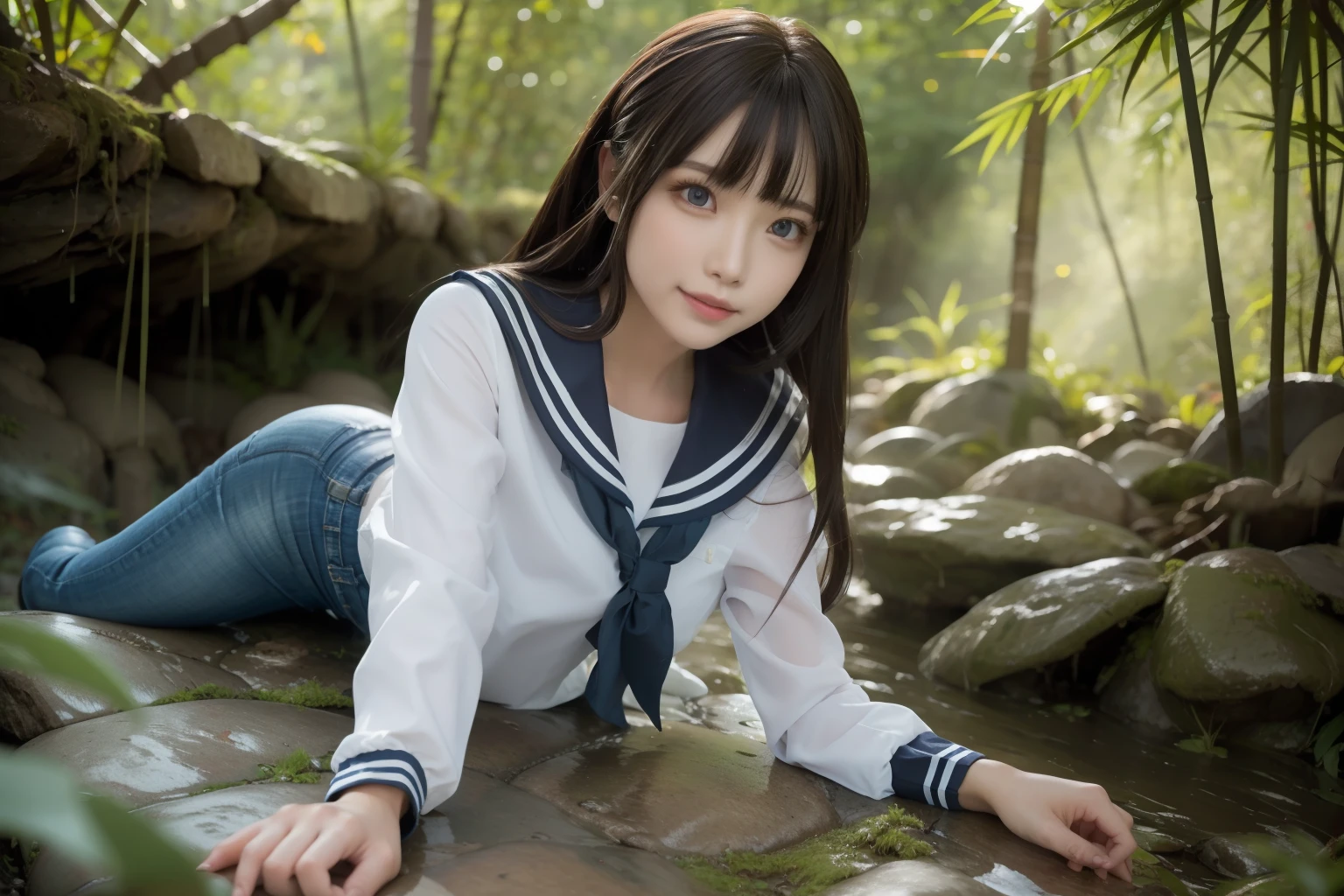 a pregirl，ssmile, looking at viewert, sailor uniformm,skintight jeans，photore, realisticlying, Best quality at best， 详细的脸，Detailed eyes，Lying on your side on a large mossy stone in a bamboo forest， diffuselighting, depth of fields