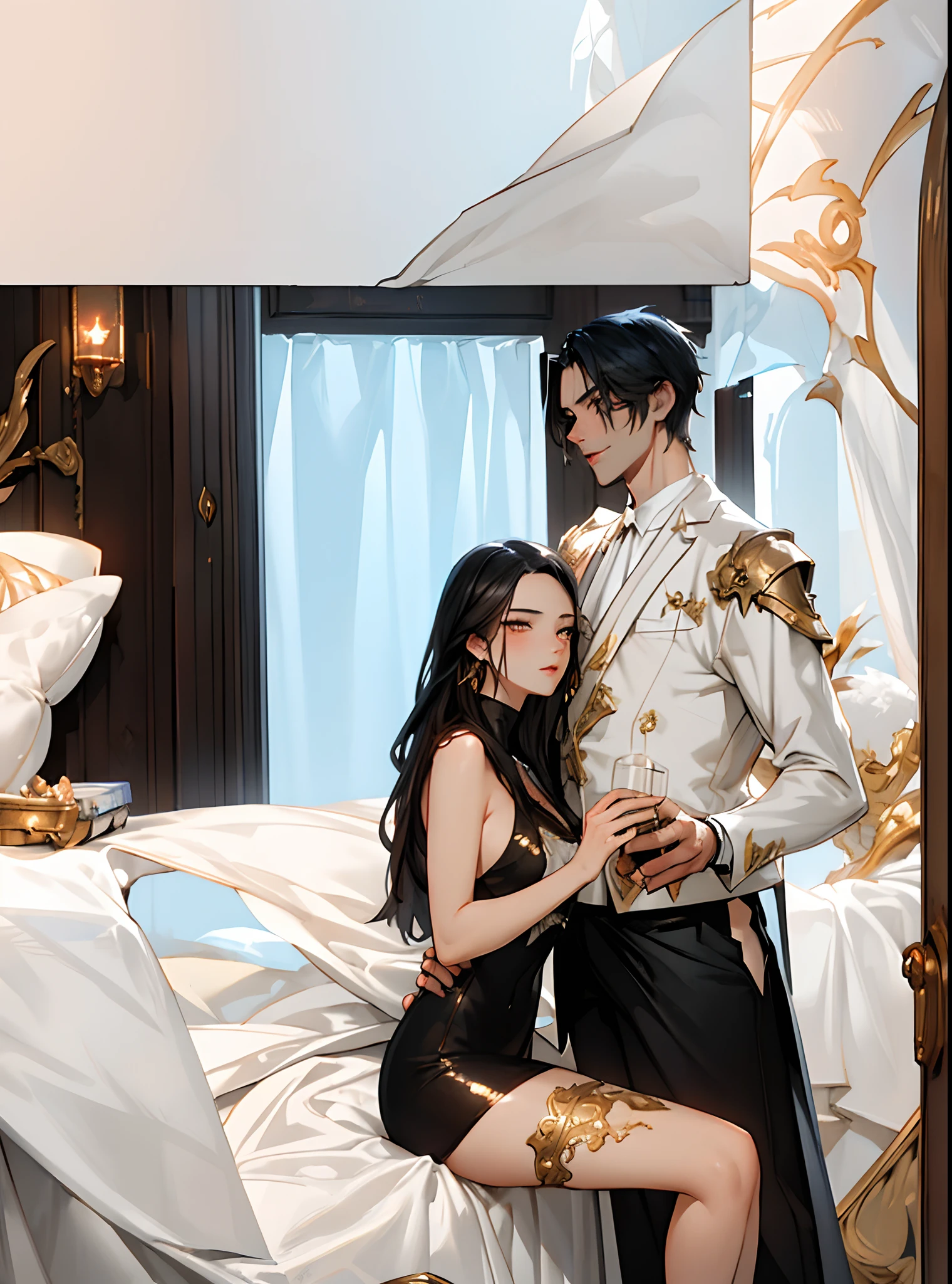 (masterpiece, best quality), couple, duo in love, masterpiece, artstation, dynamic, charming, magical, unreal engine, fantastically beautiful, illustration, dramatic lighting, maximalist, lovely couple