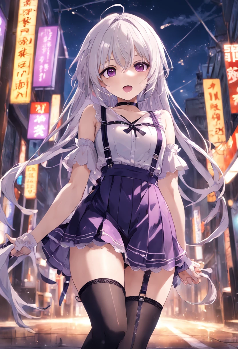 Slim strap design, lace trims, transparent elements, cross lace, leggings, short skirt, mesh stockings, suspenders,Black silk beautiful girl,White skin,hyper HD,Wallpapers,Purple pupils,happy laughing,Complete legs