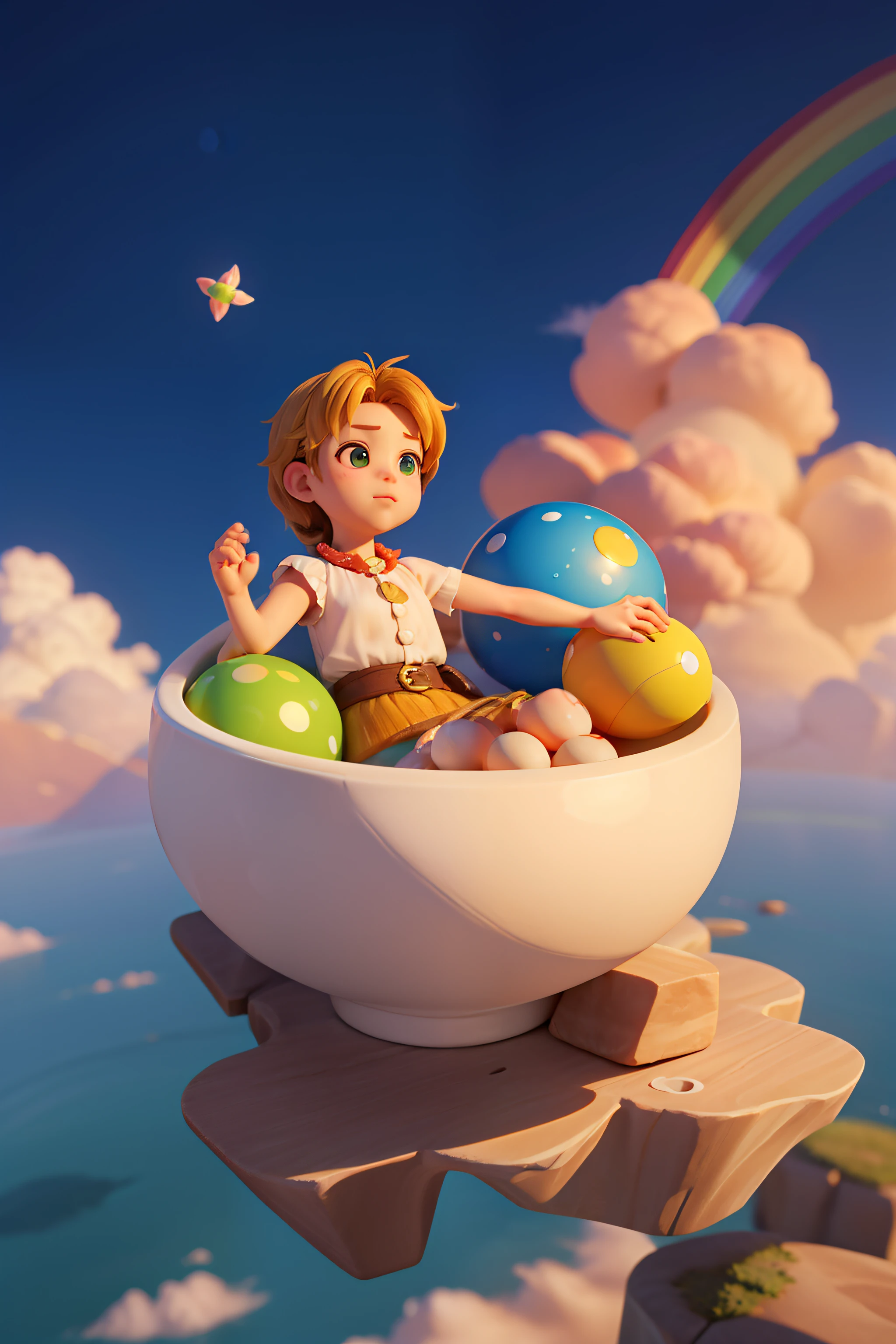 (in 8K)、top-quality、masterpiece、超A high resolution)Over a rainbow floating in the sky、Small balls are rolling