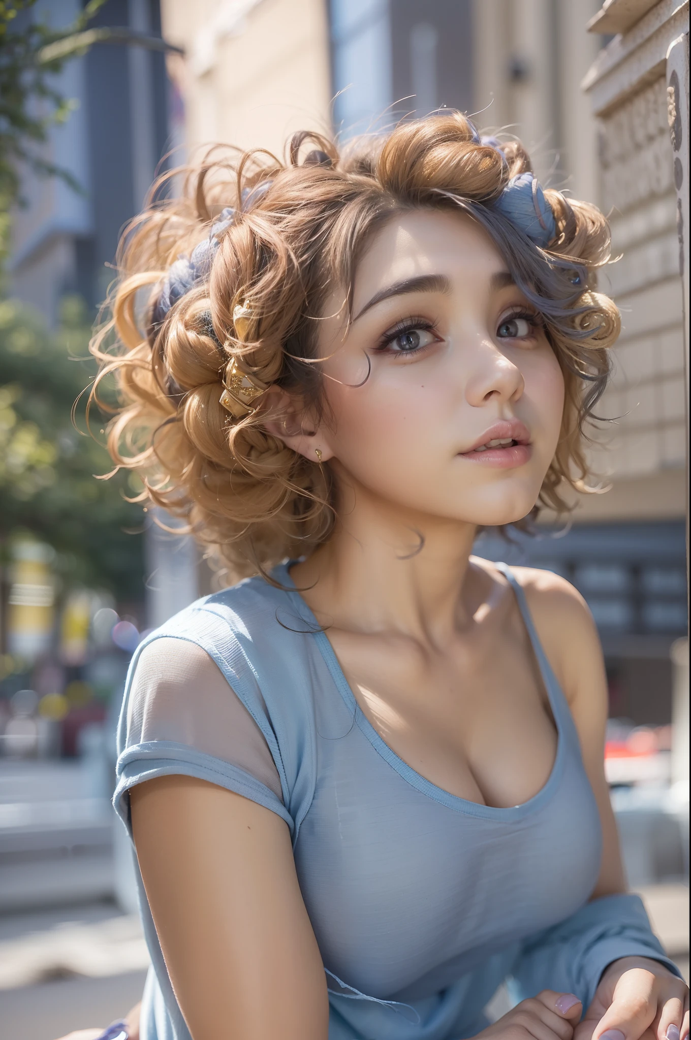 (La mejor calidad) (obra maestra ) Cara perfecta. kawaii & Siniestra princesa belleza joven en la ciudad de Los Angeles. (((Blue curly hair))) ((((nordin woman))))