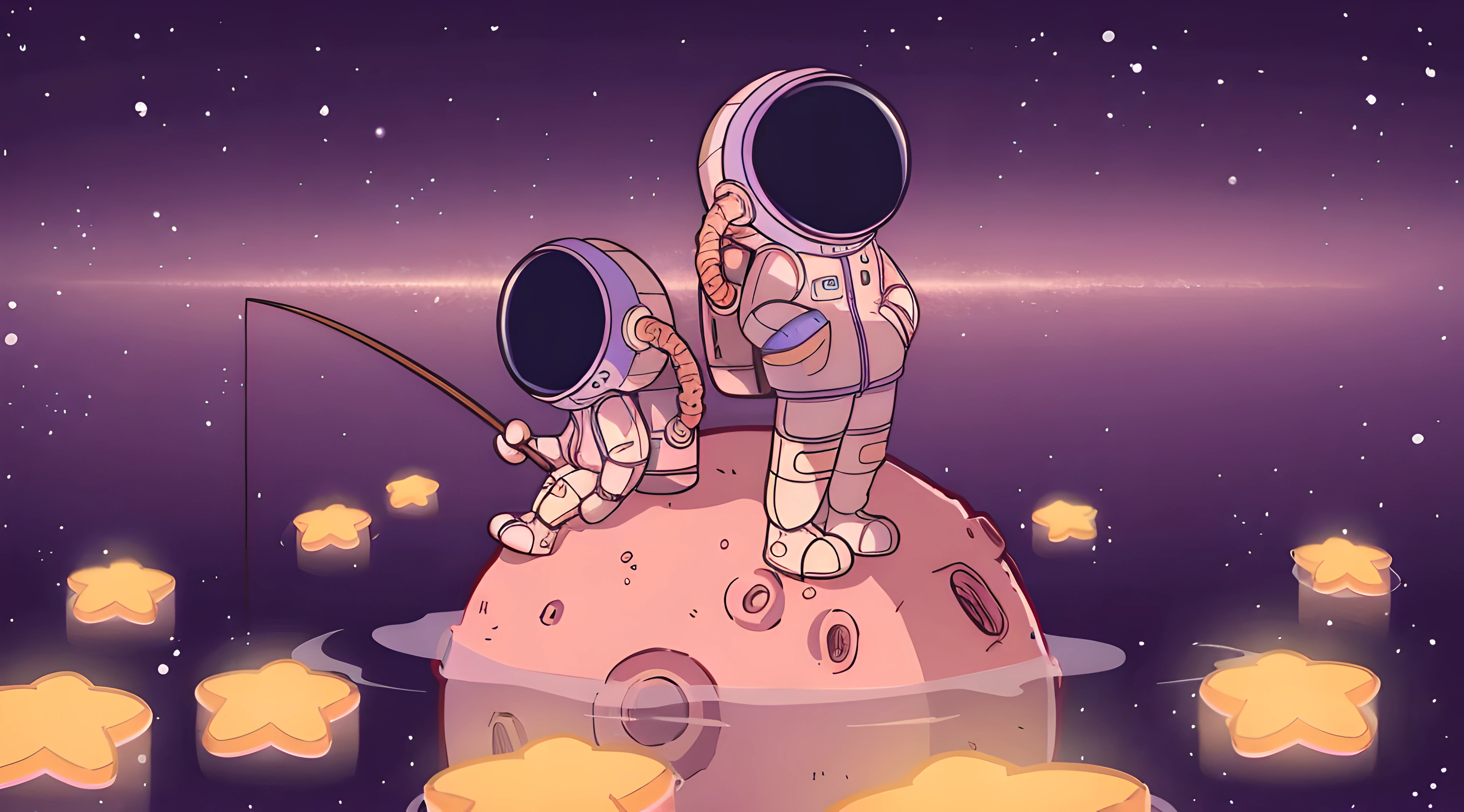 2 astronautas em cima de uma lua pequena, 1 astronauta pescando, agua com estrelas boiando, sem pessoas, 8k, melhor qualidade), (First-person view)