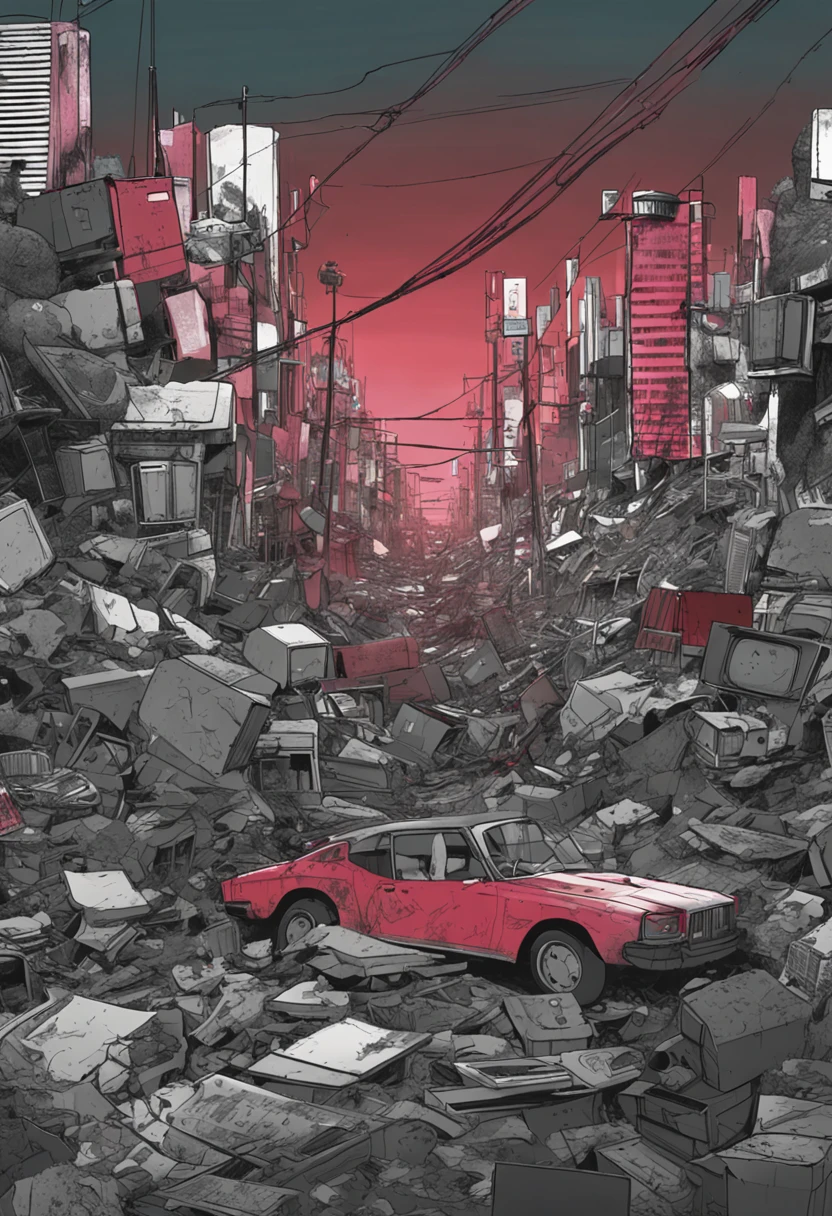 Discarded trash cans, A bunch of faulty TVs, Black footage of the city is shown on TV, Gothic gloomy, The girl sitting on the TV was wearing a red tattered robe, Naked foot, 1个Giant Breast Girl, white hair, asymmetrical hair, side ponytail, hairpods, devil pupils, Futurism, Conceptual art, modern, film grain, backlighting, afterimage, anatomically correct, award winning, masterpiece, best quality