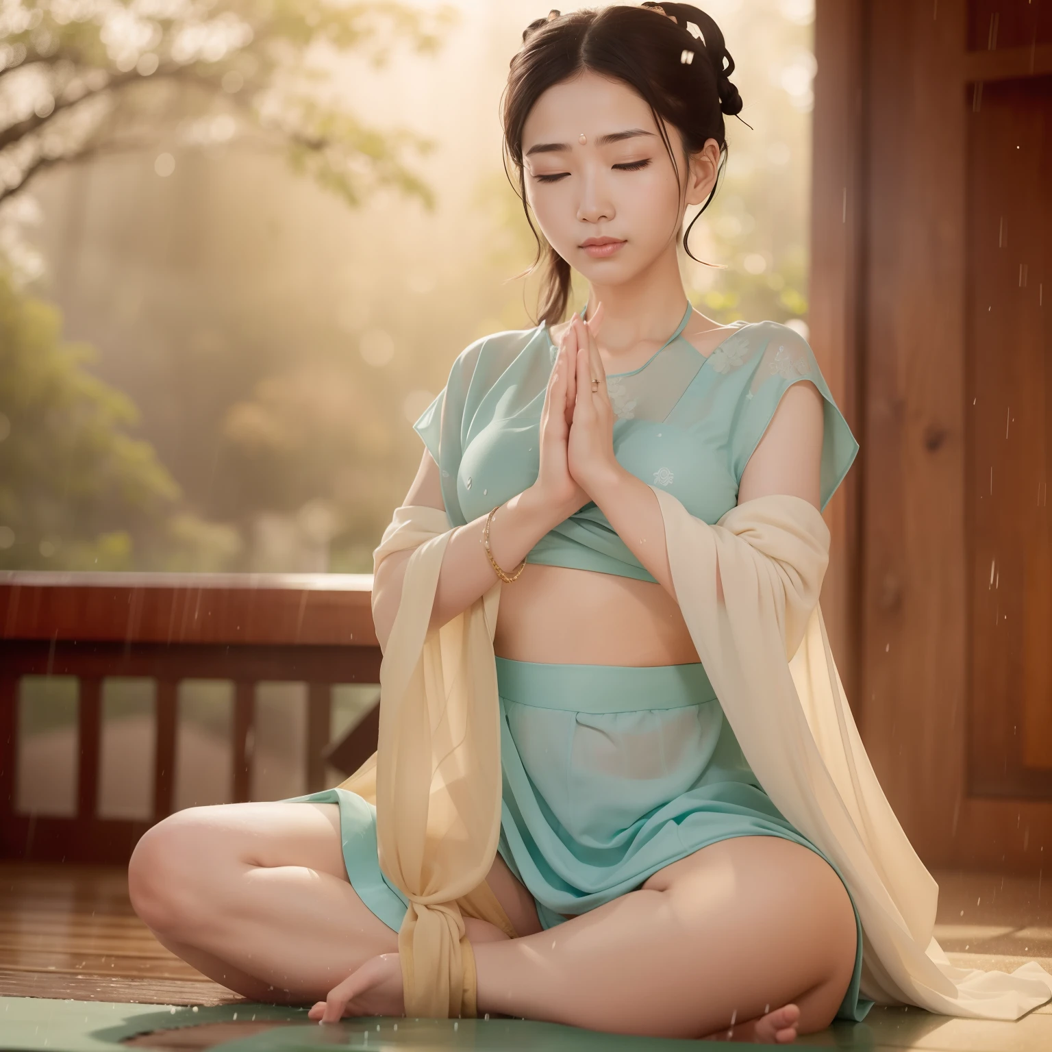 Zen  beauty soaked with sweat doing yoga lotus sitting meditation in a  rainstorm，（Complete, delicate and good-looking face），Cover your entire face