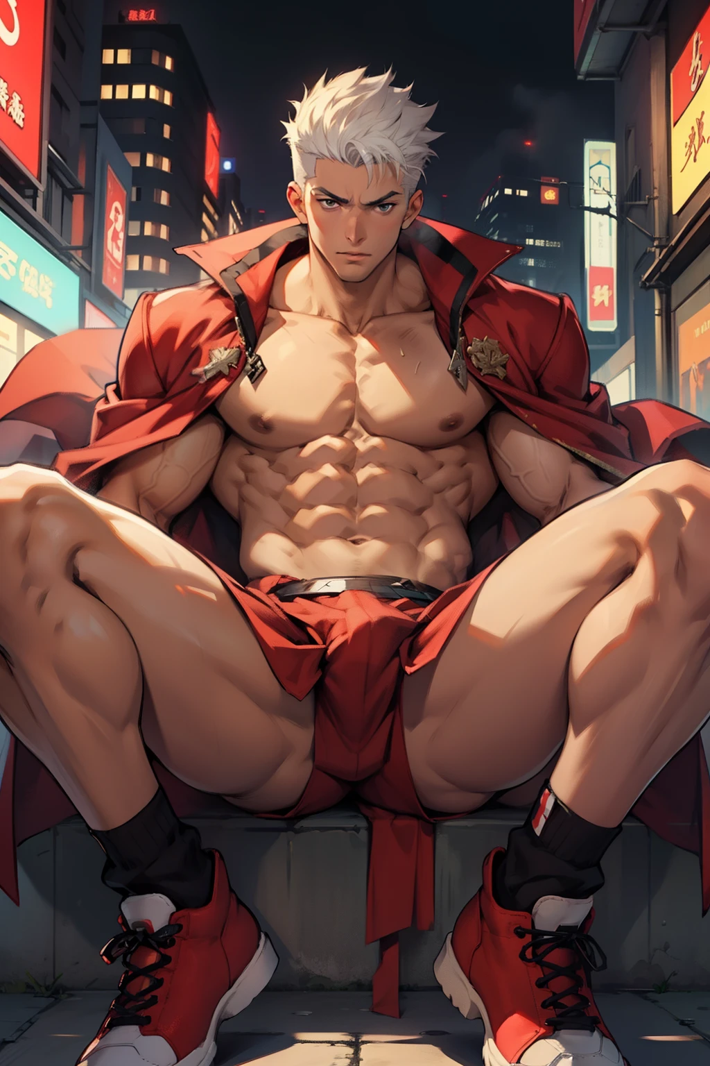 Highest image quality,male people,child,1 boy,Young and handsome,shoun,White color hair,Short flat top hair,Dark skin,anime big breast,anime wallpaper,Solo,malefocus,Briefs,Dilation of the pectoral muscles,Red cape,Bulging crotch,Urban background,spread their legs,Sexy,(Masterpiece, Best quality),Long white socks,Red Martin boots,