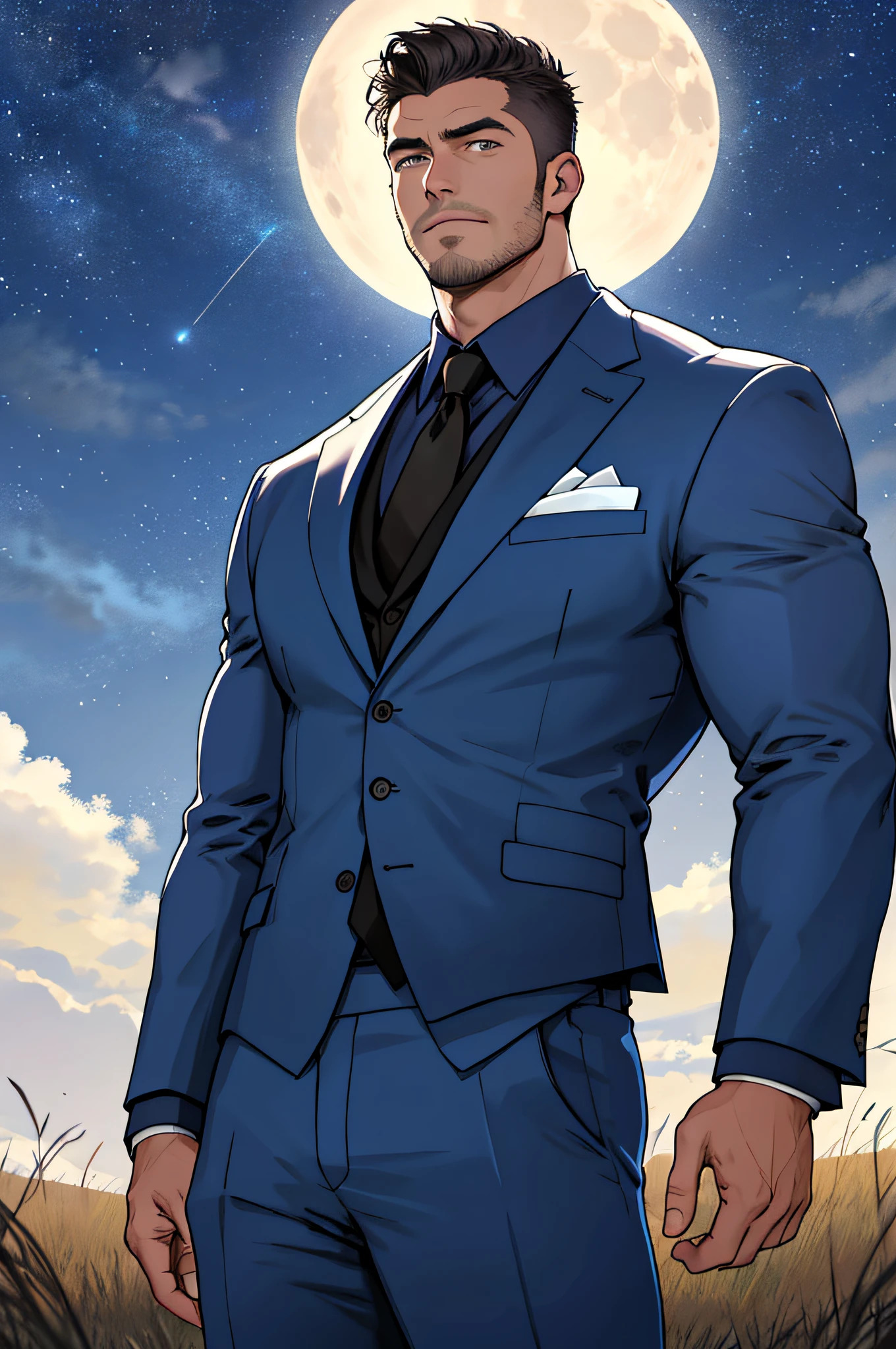 Draw a full-fledged footballer，Standing on the steppe at night，Quiet and comfortable background，He wears the same suit as the country's president，The suit fits perfectly，Handsome face，eyes with brightness，The man looks confident and determined，looking-down，Crew cut，full bodyesbian，Stars dot the sky，shooting from below，Big moon highlights background