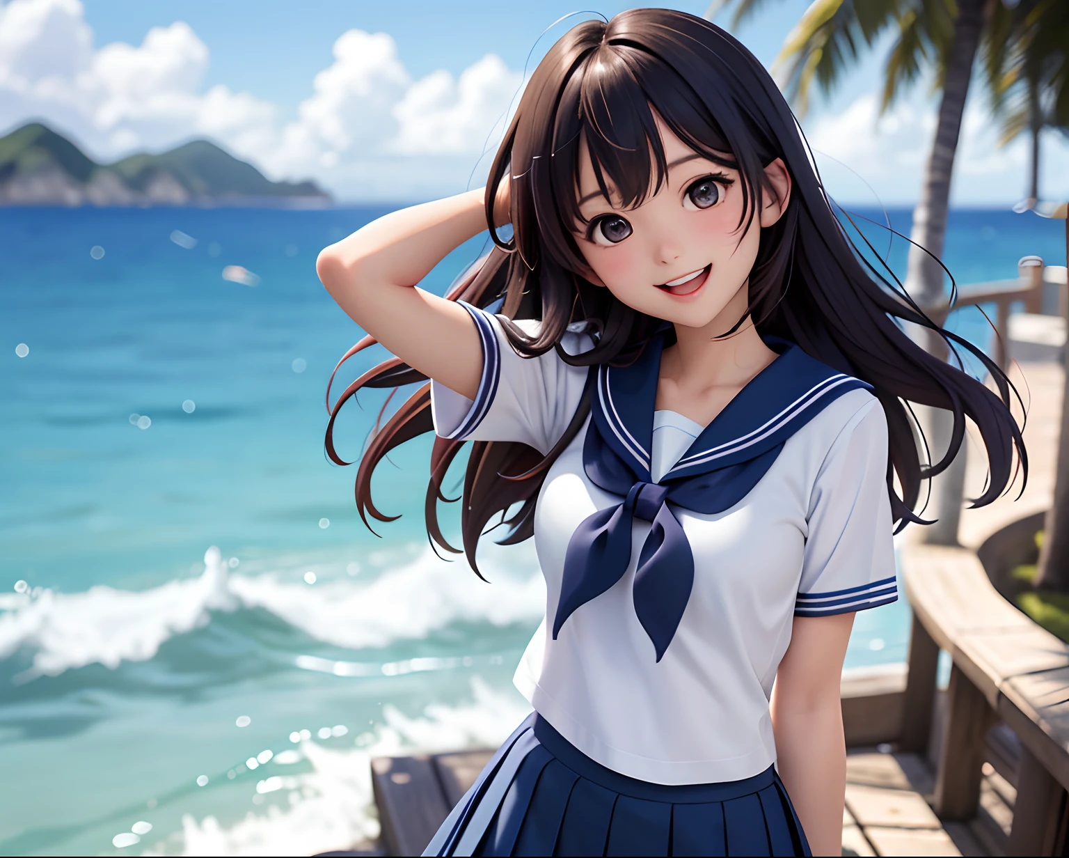 iku nakatani (million live), (best quality, 8K, masterpiece, ultra detailed:1.2), dynamic pose, cinematic angle, cowboy shot, light particles, sparkle, beautiful detailed eyes, shiny skin, shiny hair, day, dappled sunlight, blue sky, beautiful clouds, beach, wide shot, depth of field, blurry, sailing boats, ocean, seagull, islands in distance, 1girl, solo, skirt, smile, cute, happy, open mouth, sailor collar, shirt, pleated skirt, short sleeves, :d, school uniform, serafuku, collarbone, ribbon, bow,