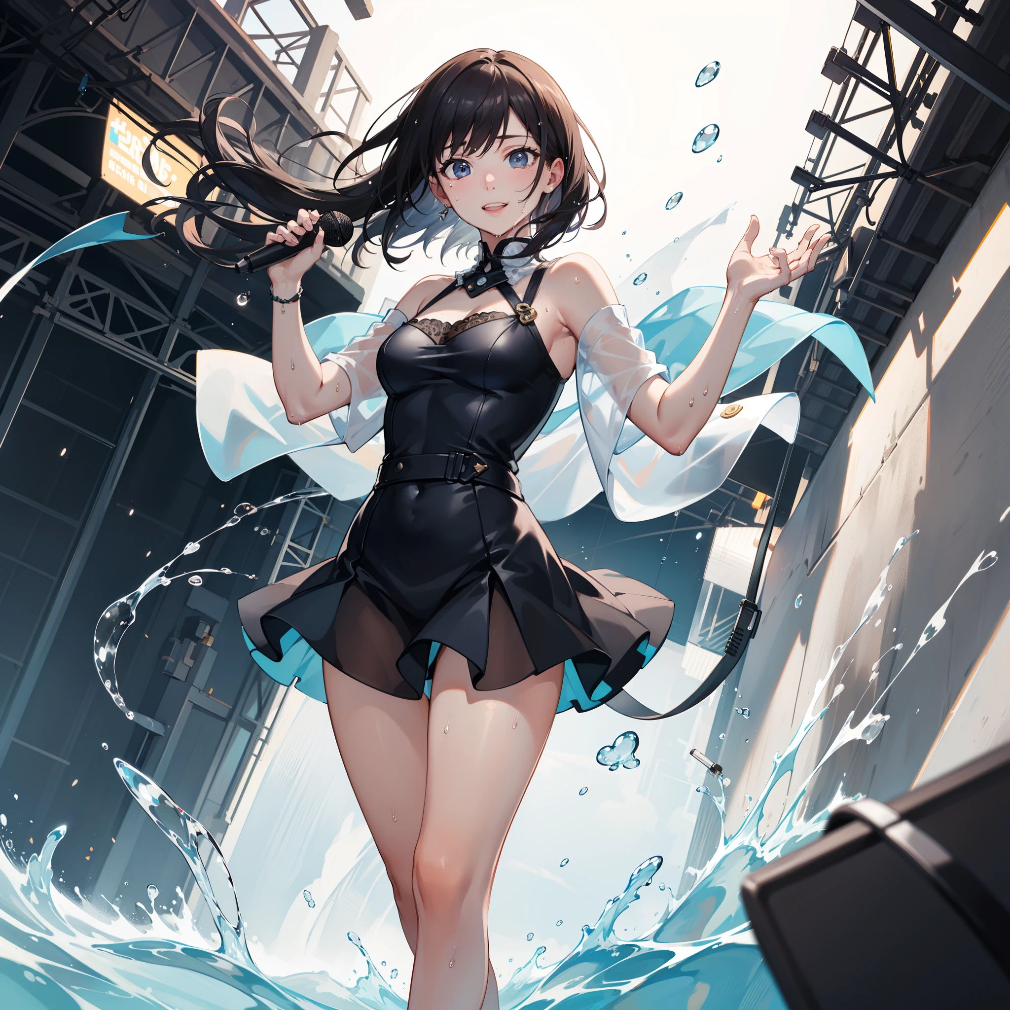 concert,dutch angle shot,low angle,full body shot,medium shot,Wet clothes,Blowing in the wind:1.1,See-through clothes:1.1,wave her hand:1.1,A smile,Idol,Hold the microphone:1.1,Sing a song:1.1,Sweat splashes,swet,4K, (Raw photo: 1.2), (Realism: 1.4), (masutepiece: 1.3), (exquisite detailing: 1.2), Delicate and beautiful details, (Eye Detail), (Facial Detailed), (Highest Quality:1.4), (very detailed illustration), Best Quality, Super Resolution,Wide light, natural shadows