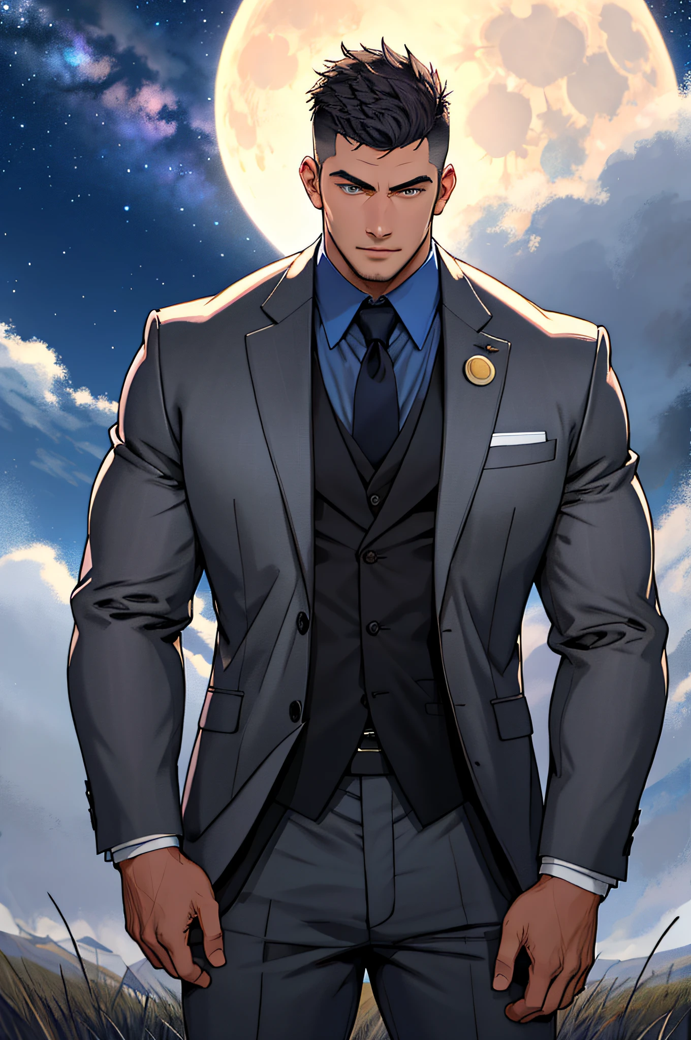 Draw a full-fledged footballer,Standing on the steppe at night,Quiet and comfortable background,He wears the same suit as the country's president,The suit fits perfectly,Handsome face,eyes with brightness,The man looks confident and determined,looking-down,Crew cut,full bodyesbian,Stars dot the sky,shooting from below,Big moon highlights background