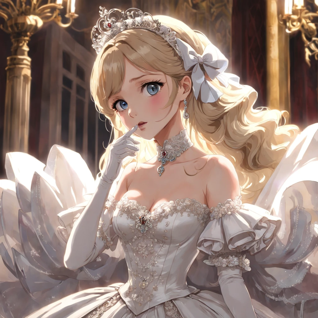 Best quality, Masterpiece, a stunningly beautiful Greer Grammer as a royal bride wearing a stately and elaborate royal wedding dress of white satin and tulle adorned with huge ribbon bows, lace, frills, flounces, embroidery and jewels, with enormous puffed sleeves, an hourglass waist and a voluminous crinoline hoopskirt, bustle, and train, long white gloves, pearl necklace and earrings, elaborately curled and styled hair