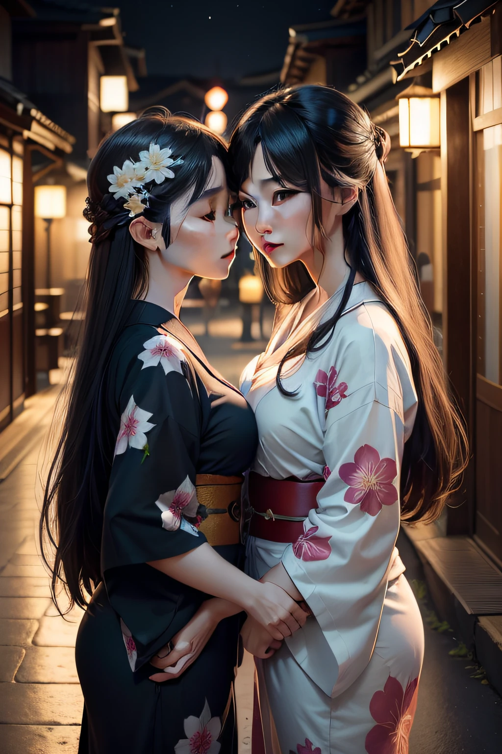 (top-quality、ultra-detailliert､high-resolution illustrations、Ultra-high-definition CG、coustics、Skin quality improvement、reality、​masterpiece:1.2、high detal、8K、35mm lens、Photorealistic: 1.37、Lens Flare)、 Female、Beautiful Japanese、159 cm、18year old、Colossal tits、Slender face:1.3、((Long hair))､Yukata:1.2、Two people kissing:1.3、Night、Night view