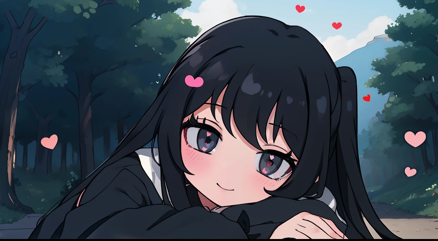 anime girl with long black hair, black dress, outdoors, dream, nerveus, love, happy, hands behind, eyes heart shape, blush,