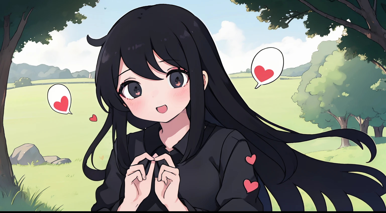 anime girl with long black hair, black dress, outdoors, dream, nerveus, love, happy, hands behind, eyes heart shape, blush,