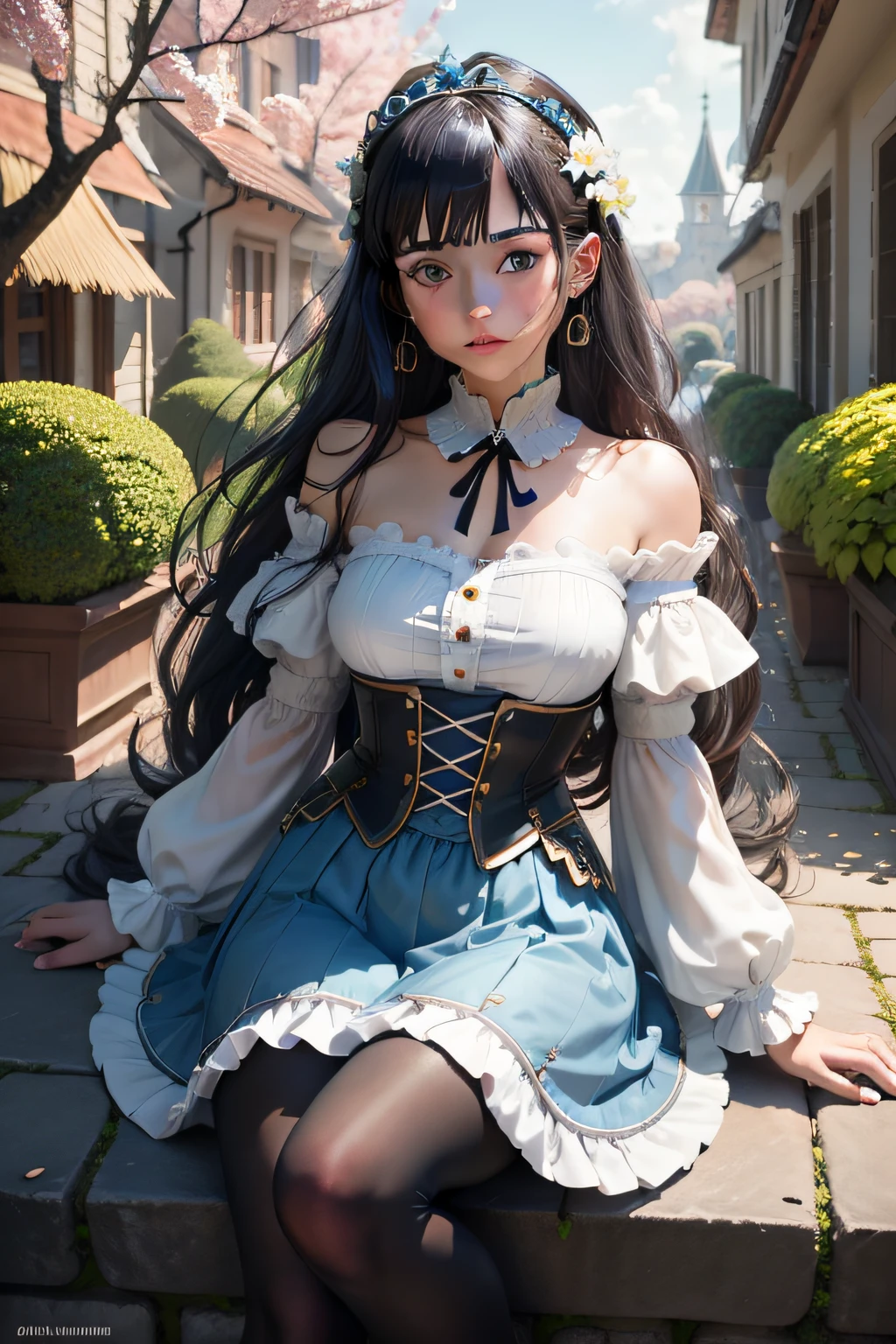 extremely detailed cg unity 8k wallpaper,illustration,highres,absurdres,(best quality),ultra detailed,illustration,ray tracing,best quality,(very close to viewers: 1.3),(very close to viewers: 1.3),(solo: 1.2),solo focus,medium shot,intense angle,facing viewer,solo focus,solo focus,solo focus,solo focus,solo focus,1 princess,assertive female,looking at viewer,an extremely delicate and beautiful girl,extremely detailed character,cinematic lighting,full body,crossed thighs,bow,bow,flower pattern,[(floating:1.3) blue princess skirt,::0.5] solo focus,cute face,detail (blue:0.8) eyes,heavy breathing,messy (black:1.05) hair,bangs,tiara,earrings,hand on waist,[: (detailed hands: 1.8): 0.7],bare shoulders,floating blue princess skirt,black pantyhose,white leather shoes,crossed thighs,feet up,walking on (cobbled roadway: 1.05),(outdoor,clear sky,(palace: 0.7),(roman aqueduct:0.6),steeple :0.9),moonlight,garden,(flower bed:0.9),(flower: 1.1),(branches: 1.075),falling white petals,breeze moonlight,graden,(flower bed: 0.9),(flower: 1.1),(branches: 1.075),[: (floating:1.3) blue princess skirt:0.5] [: (floating:1.3) blue princess skirt:0.5]