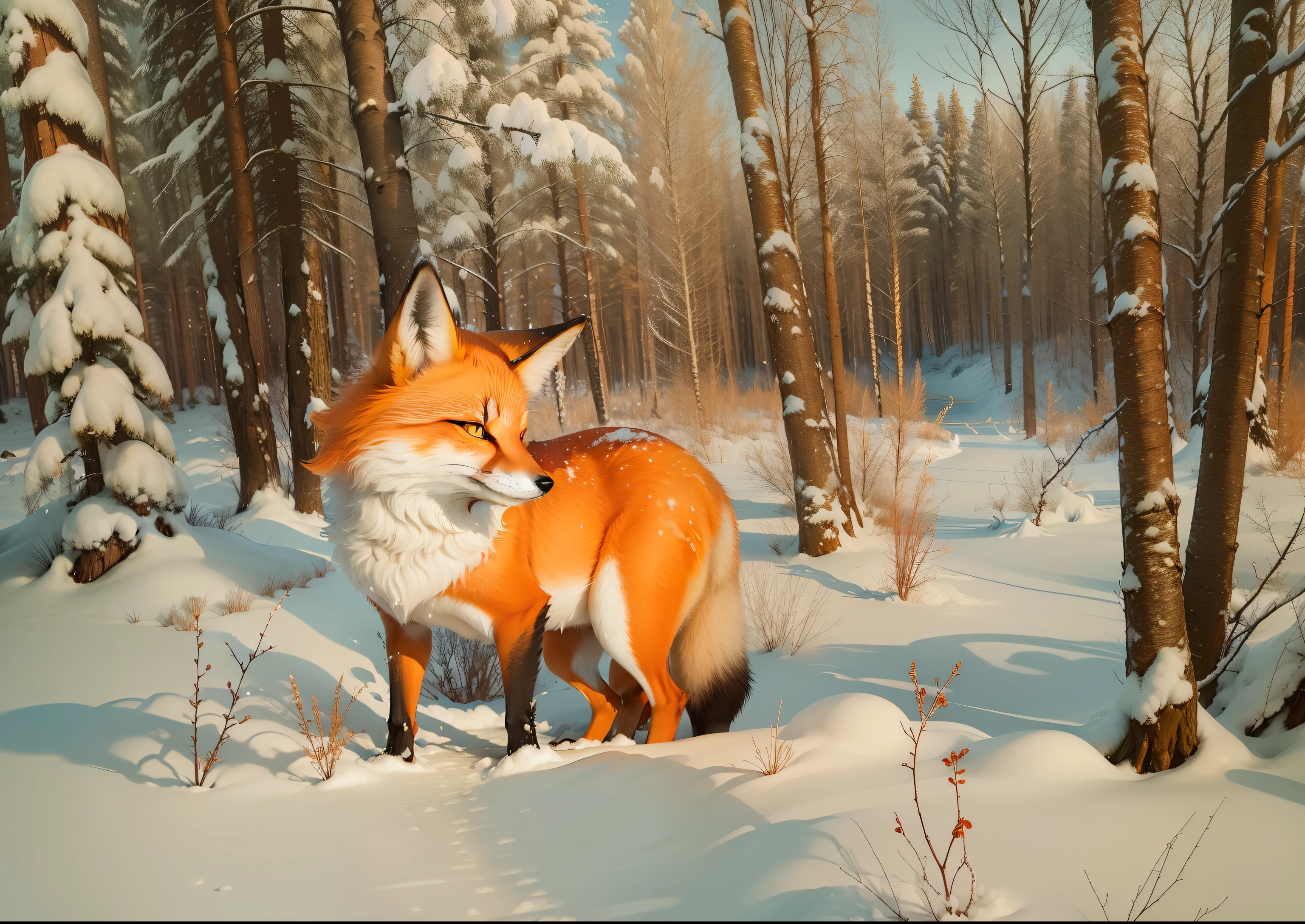 A Red Fox listening, only two legs visible only one nose two identical perfect eyes symmetrical, only two ears, small tree behind it, Splash Art Alcohol Ink details Beautiful fancy creature, snow birch trees winter forest clear air slight hint of snowflakes in the air Listen in the style of Alvin Hepler