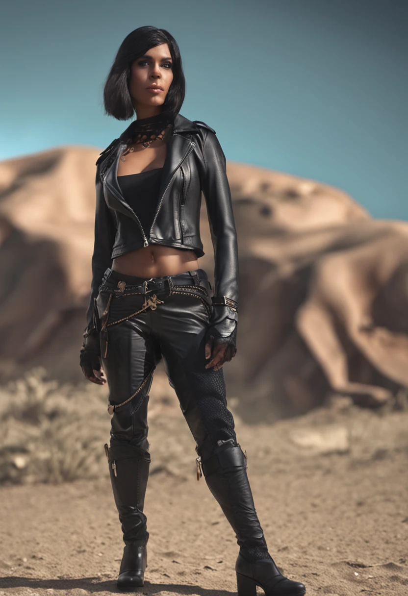 There's a Brazilian woman in a black leather outfit posing for a photo, menina sedutora, hiper-realista, corpo perfeito, fotorrealismo, imagem ultra realista, estilo 3D realista, menina perfeita, anime hiper realista, garota brasileira, gesto de paz e amor.