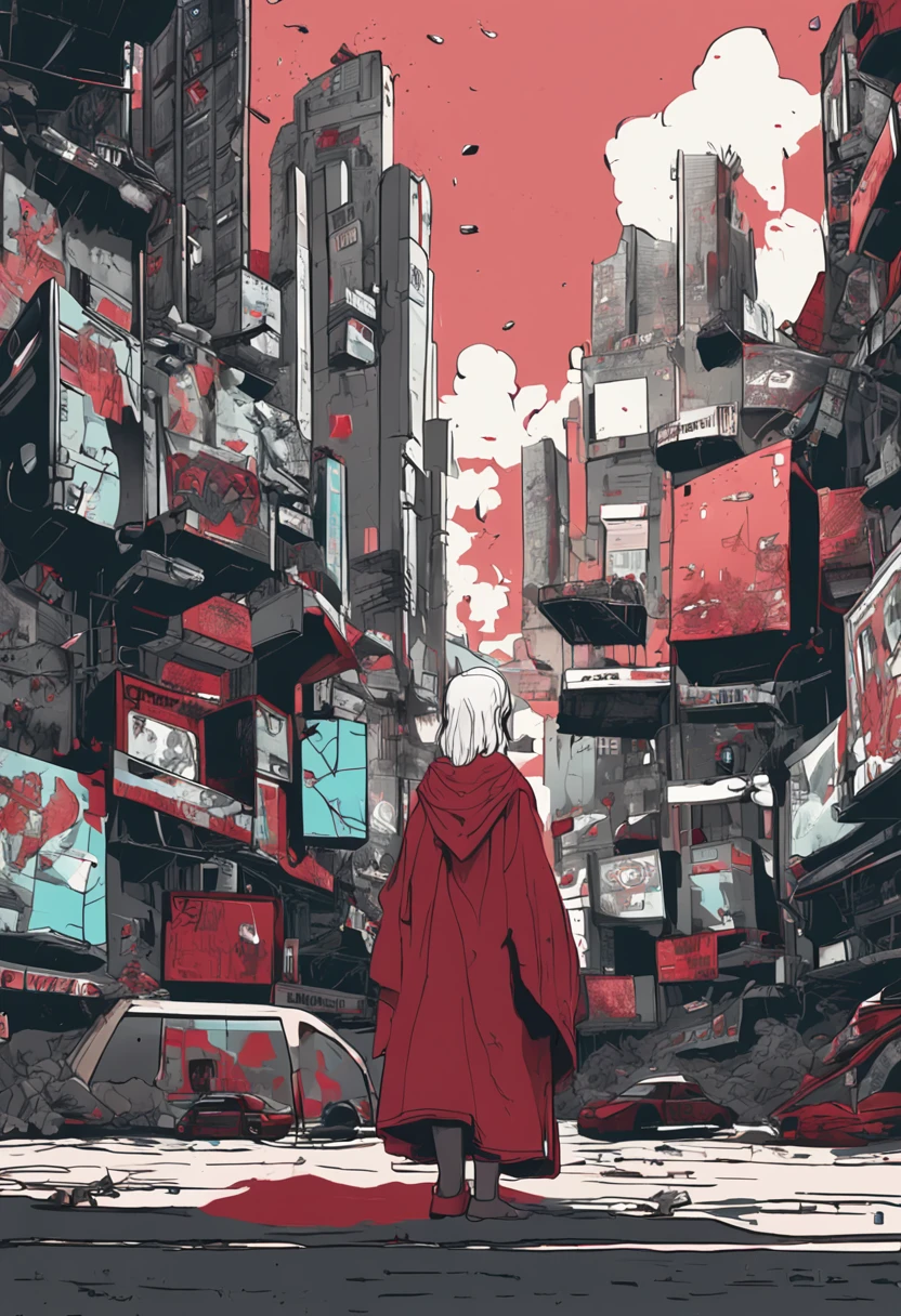 Discarded trash cans, A bunch of faulty TVs, Black footage of the city is shown on TV, Gothic gloomy, The girl sitting on the TV was wearing a red tattered robe, Naked foot, 1个Giant Breast Girl, white hair, asymmetrical hair, side ponytail, hairpods, devil pupils, Futurism, Conceptual art, modern, film grain, backlighting, afterimage, anatomically correct, award winning, masterpiece, best quality