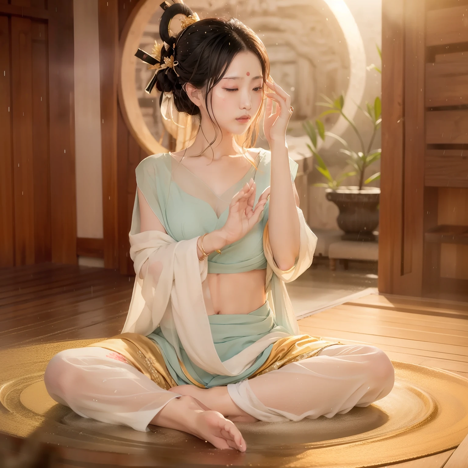 Zen  beauty soaked with sweat doing yoga lotus sitting meditation in a  rainstorm，（Complete, delicate and good-looking face），Cover your entire face